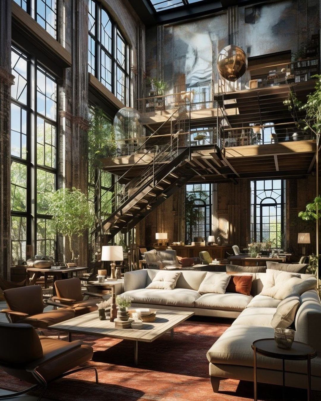 Lofty Industrial-Inspired Living Room with Lush Greenery