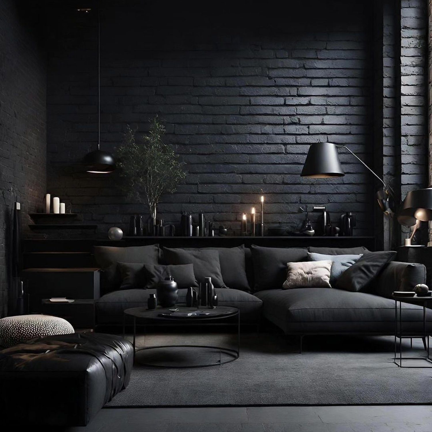 Modern monochromatic living room design with sleek dark aesthetics