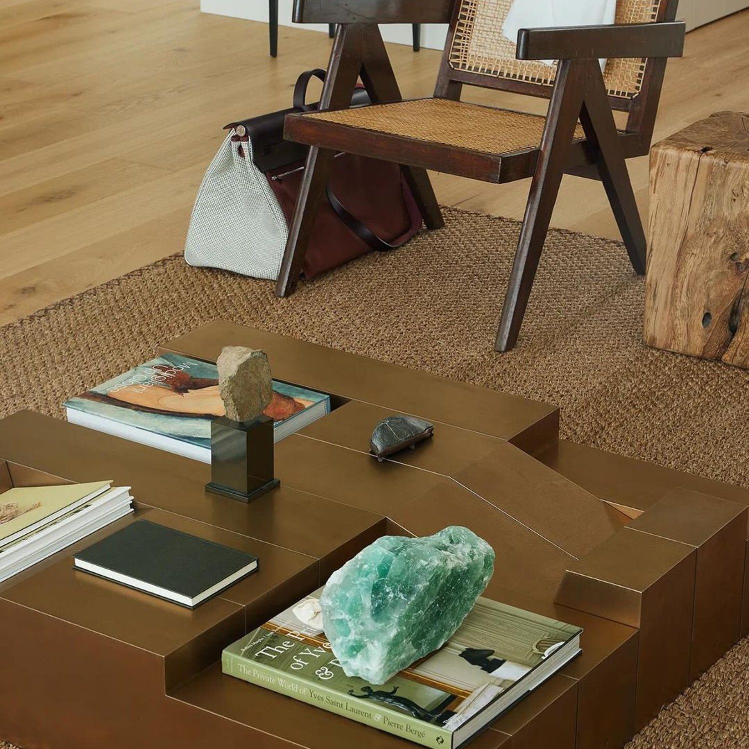 A stylish modern living room with a unique geometric coffee table