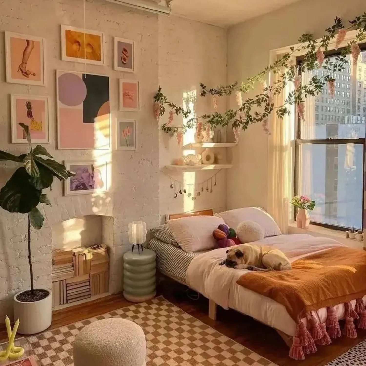 Cozy and artistic bedroom with a resting dog