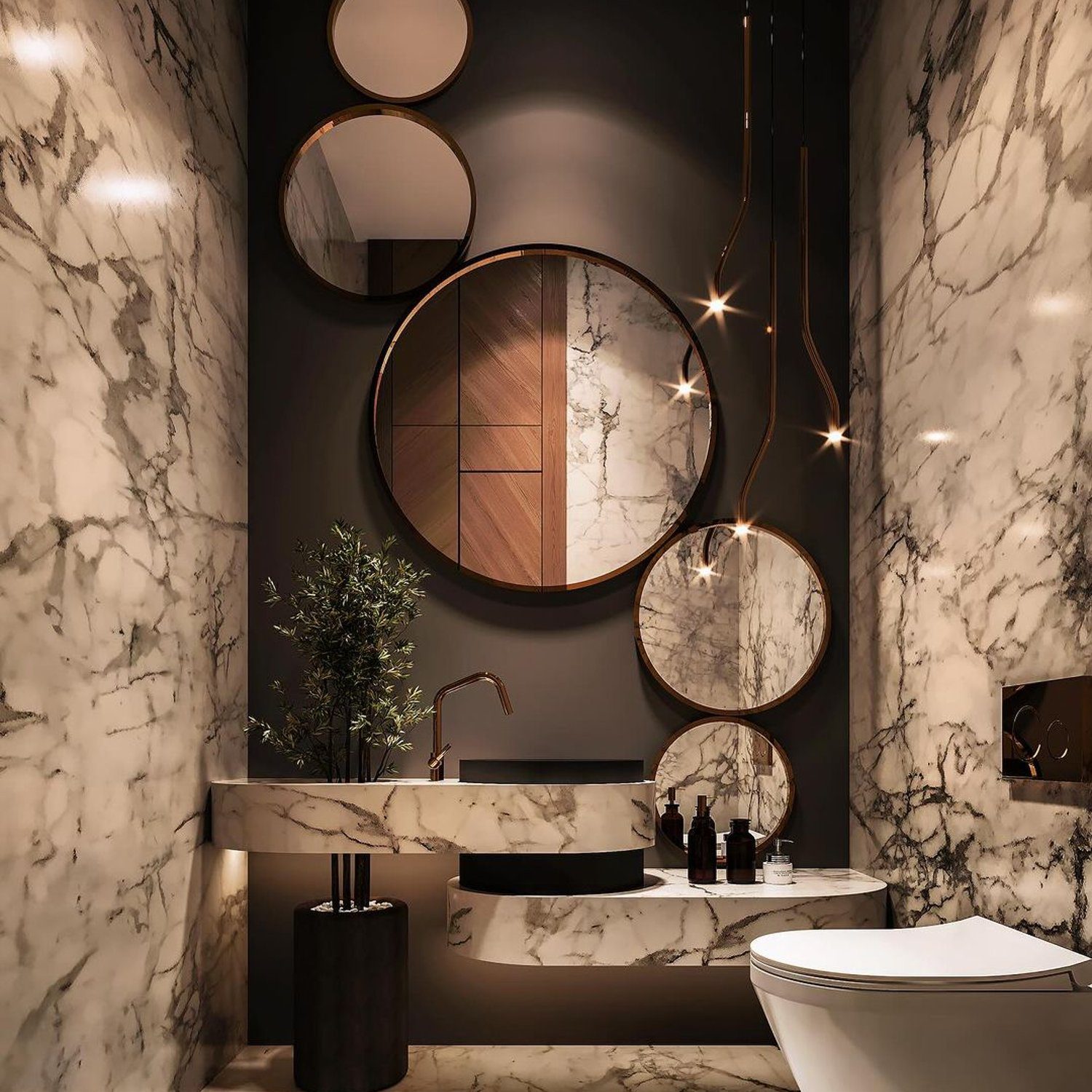 Luxurious marble bathroom with circular mirrors