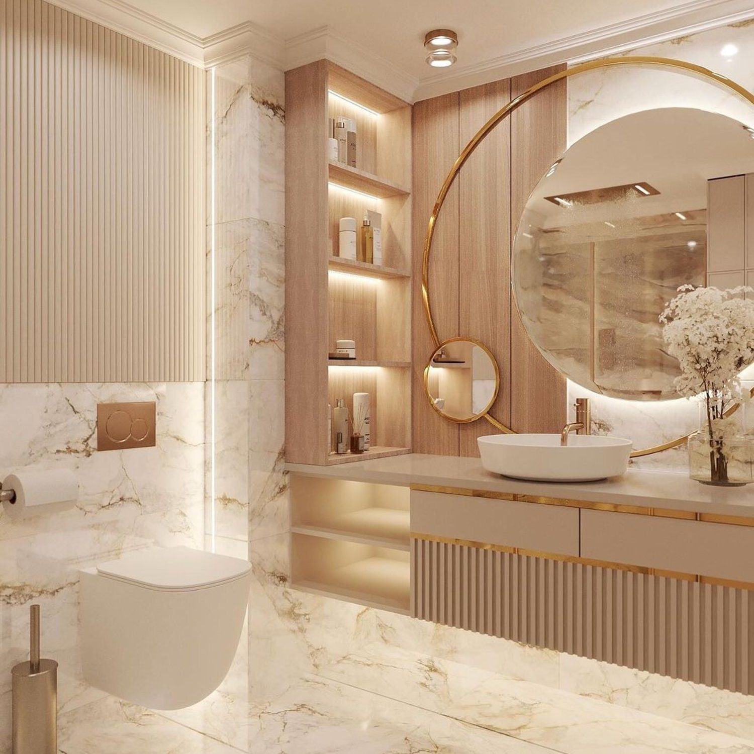 Luxurious marble bathroom with gold accents