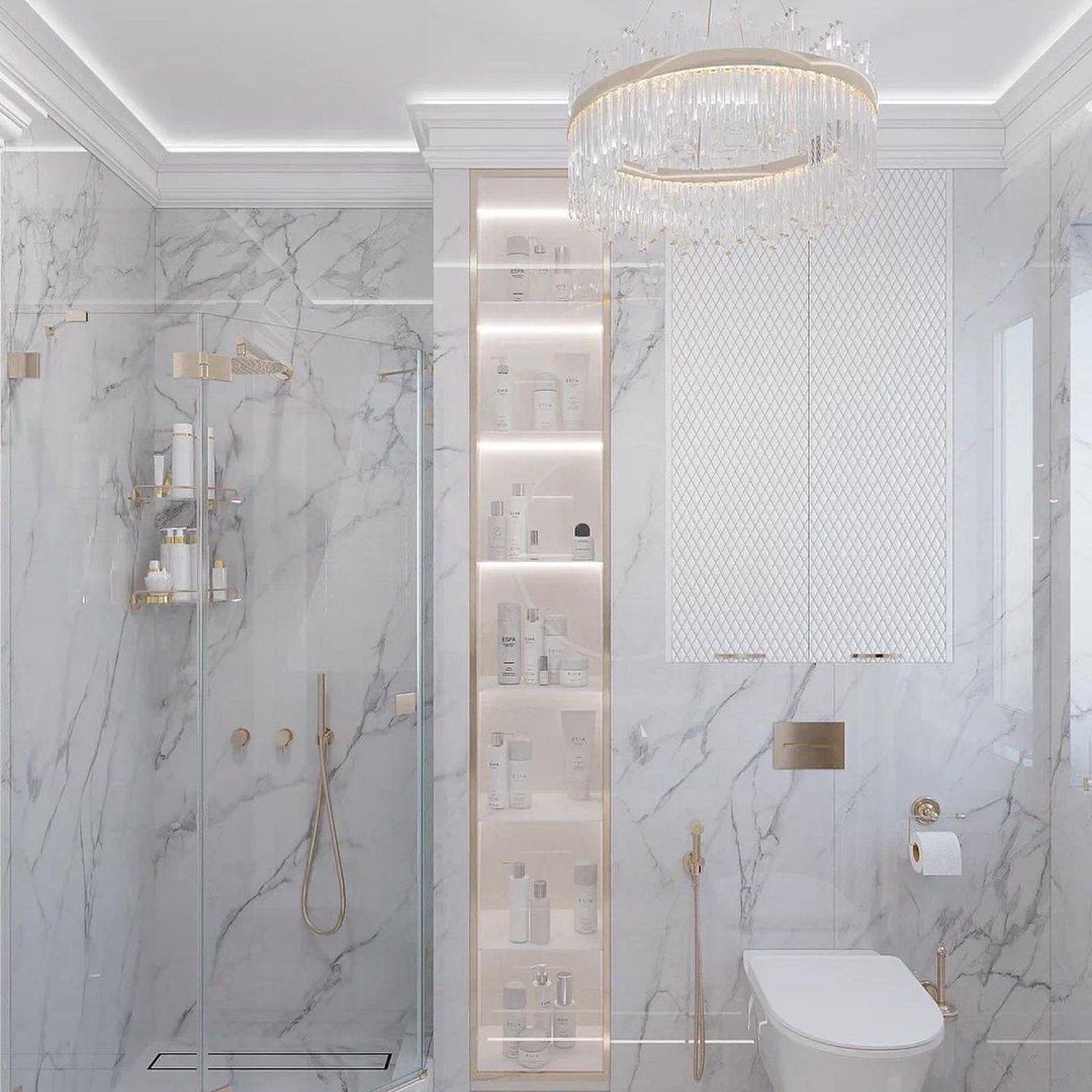 Luxurious marble bathroom with golden accents