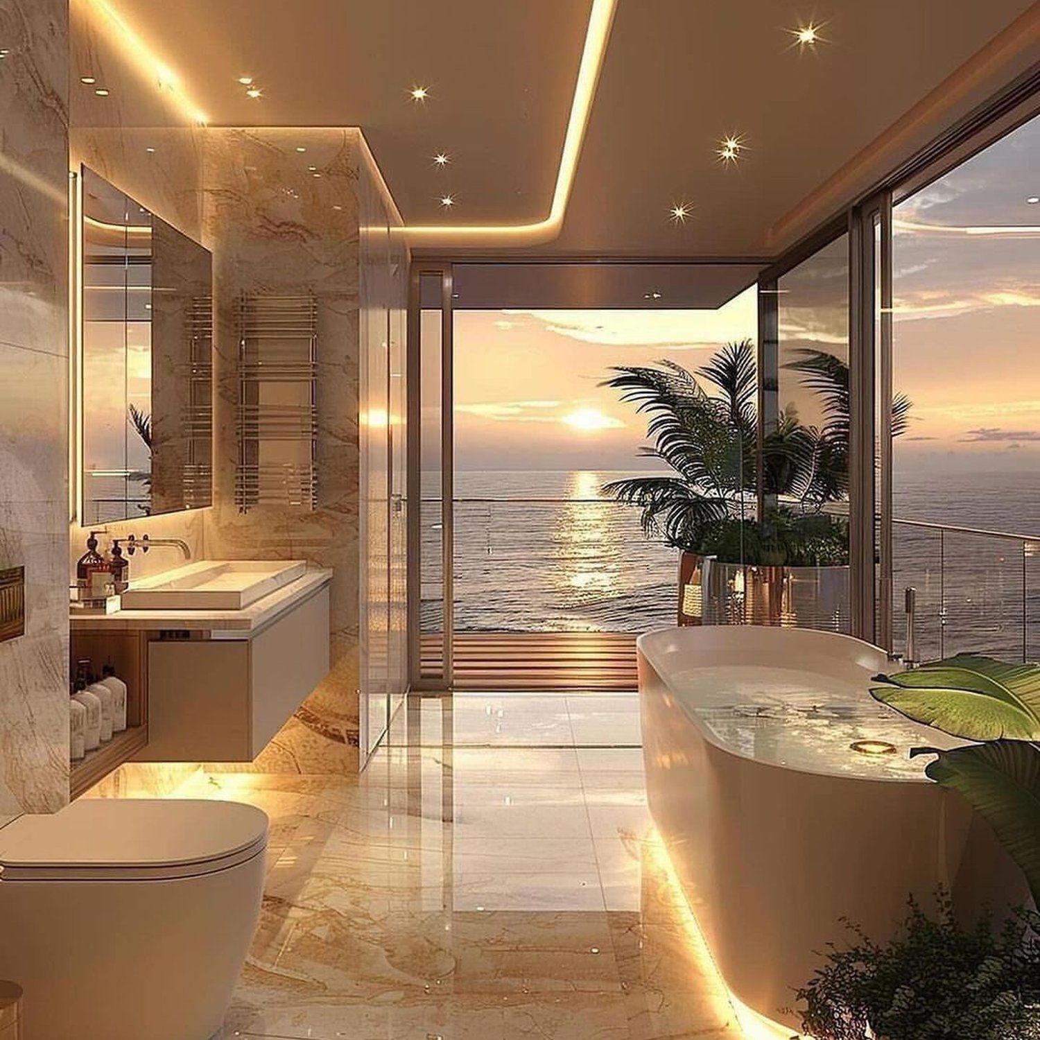 Luxurious Beachfront Bathroom with Sunset View