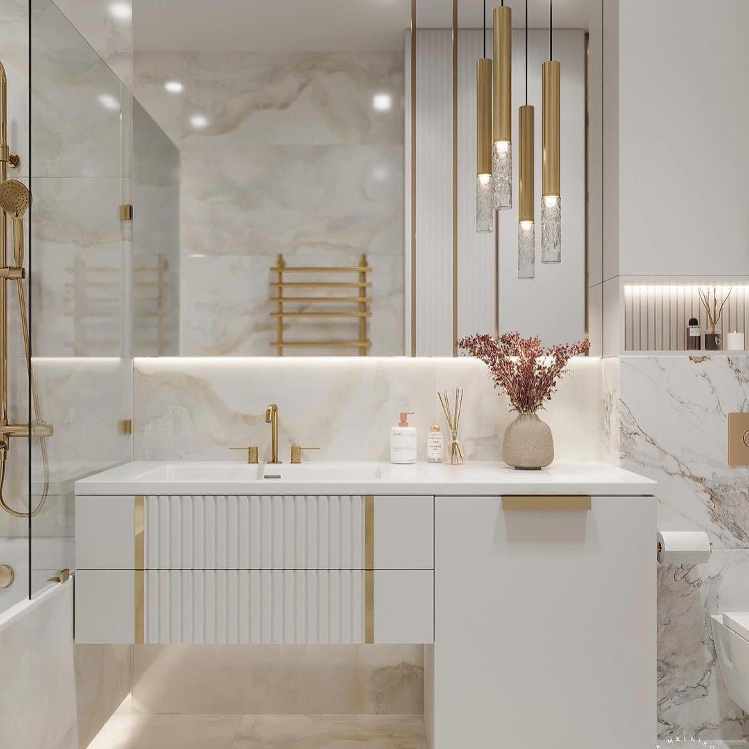 Elegant marble bathroom with gold accents