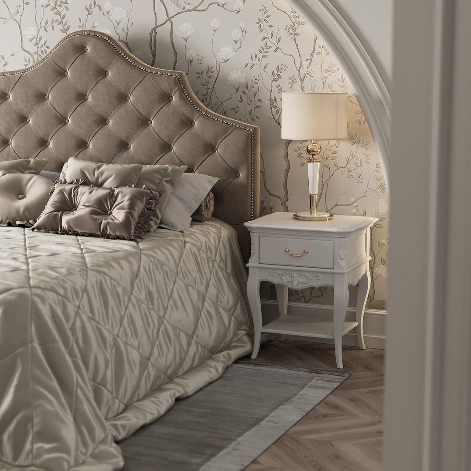 Elegant bedroom with a curved tufted headboard