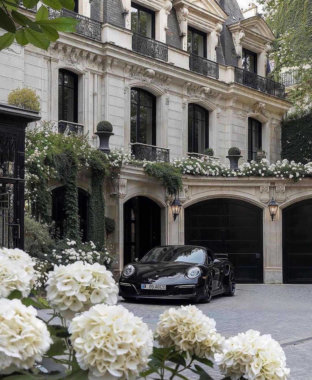 Luxurious urban residence with a high-performance car parked in front