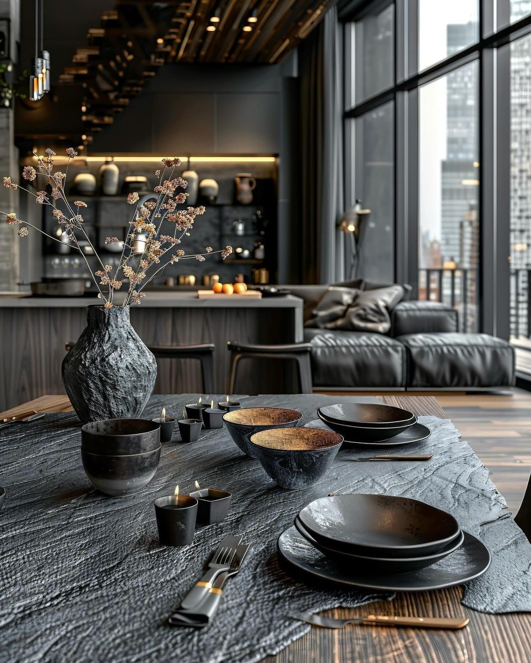 A sophisticated modern kitchen with a dark, monochrome palette