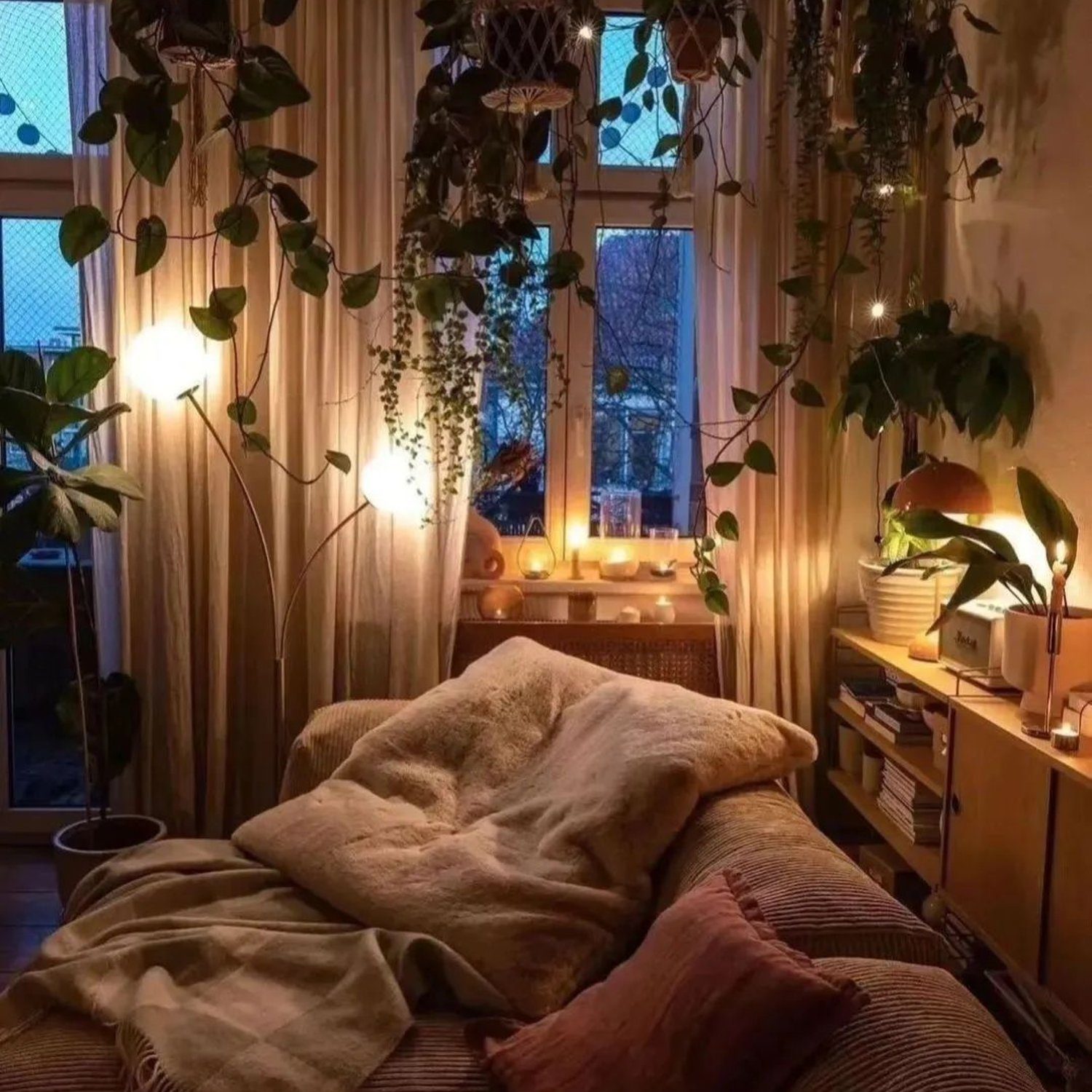 Cozy nook with indoor plants and warm lighting