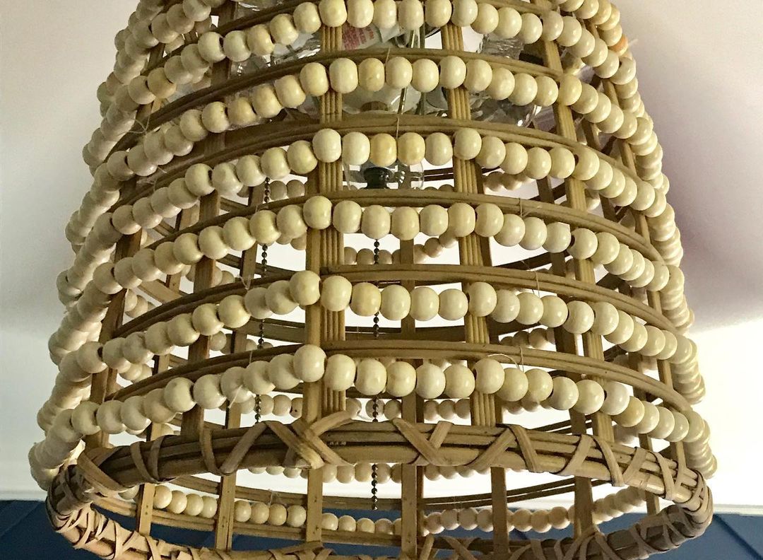 A unique and artistic chandelier made with wooden beads