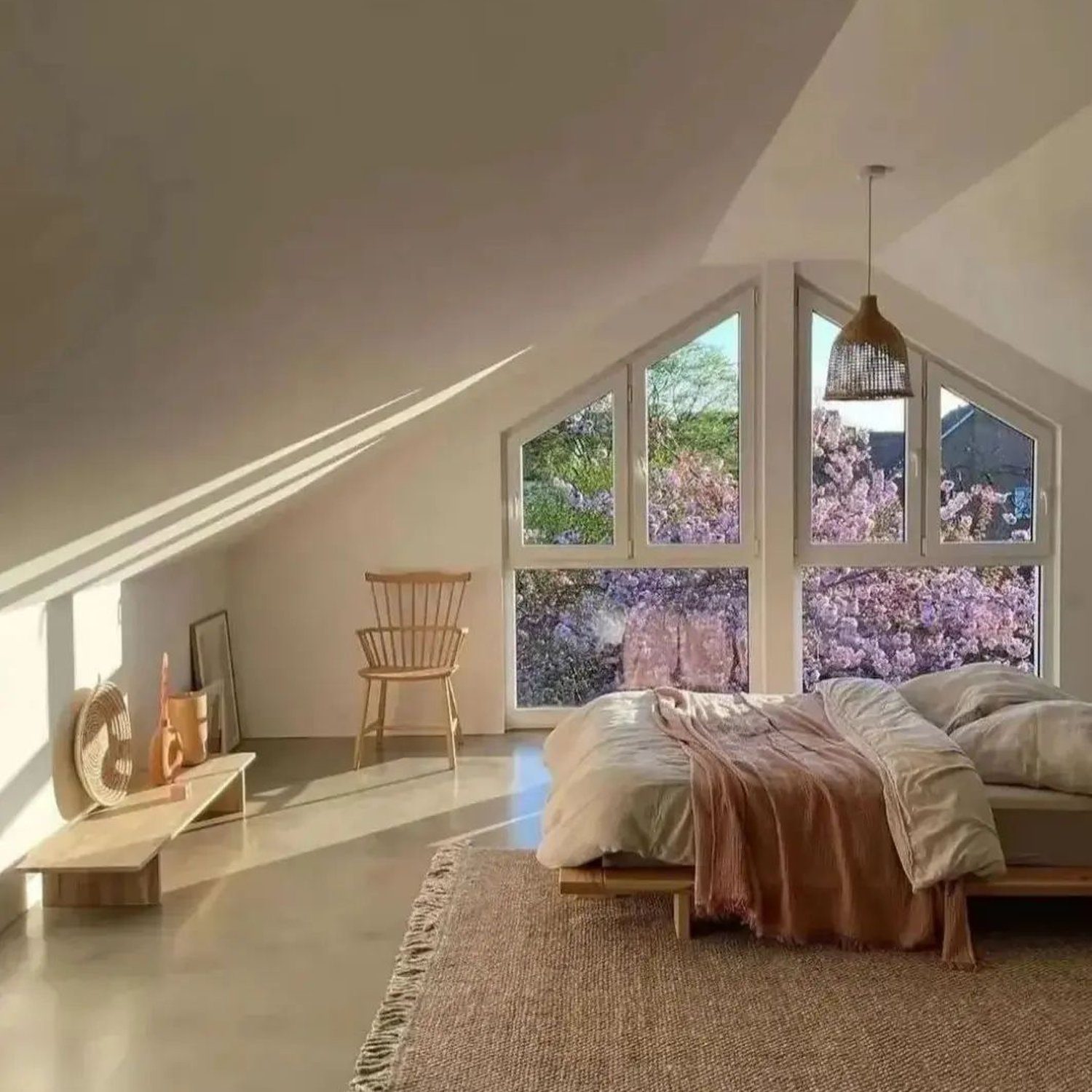 Chic attic bedroom with large windows showing a blossoming view