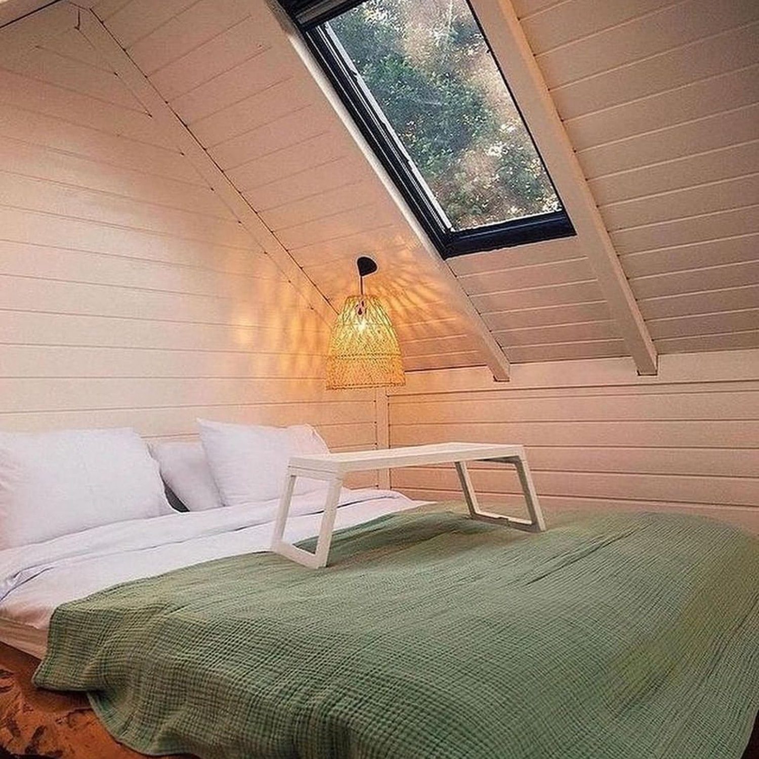 Cozy attic bedroom with a skylight