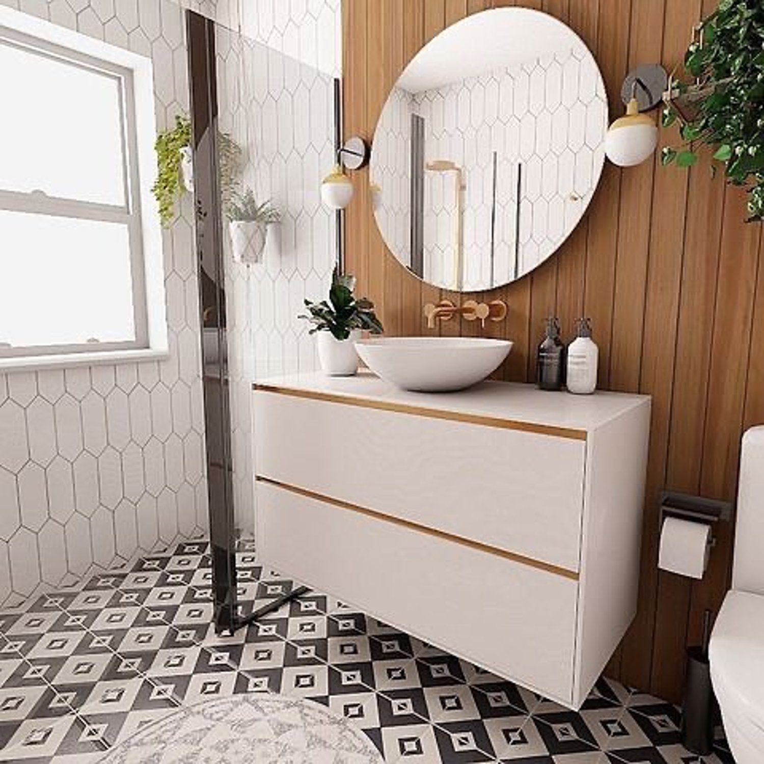 Modern bathroom with geometric patterns and a wooden accent