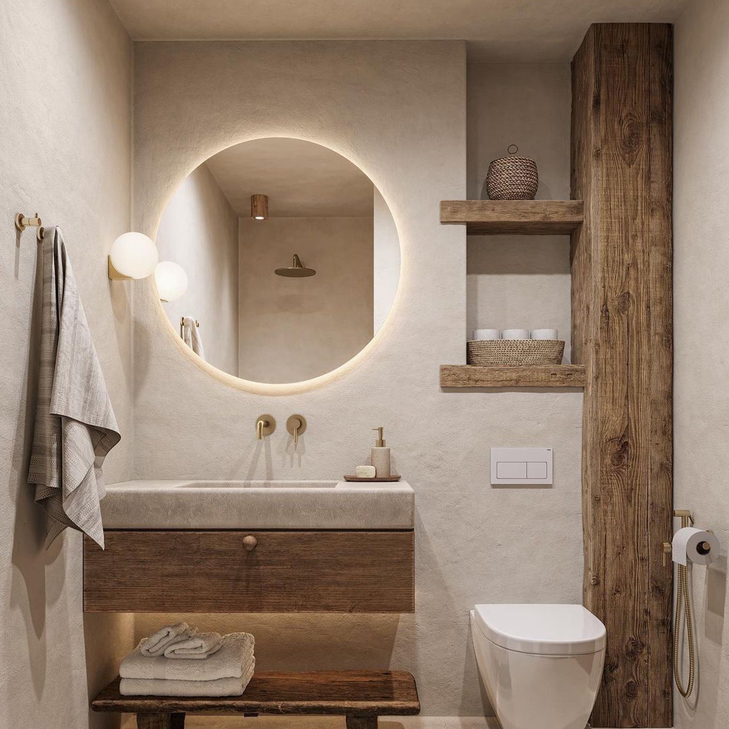 A modern and rustic bathroom with subtle textures and warm tones