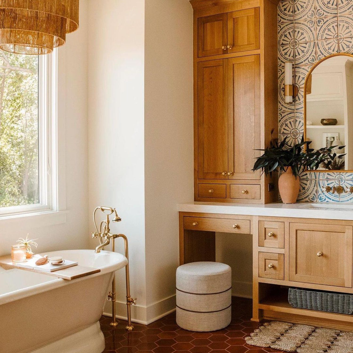 A tastefully designed bathroom with warm tones