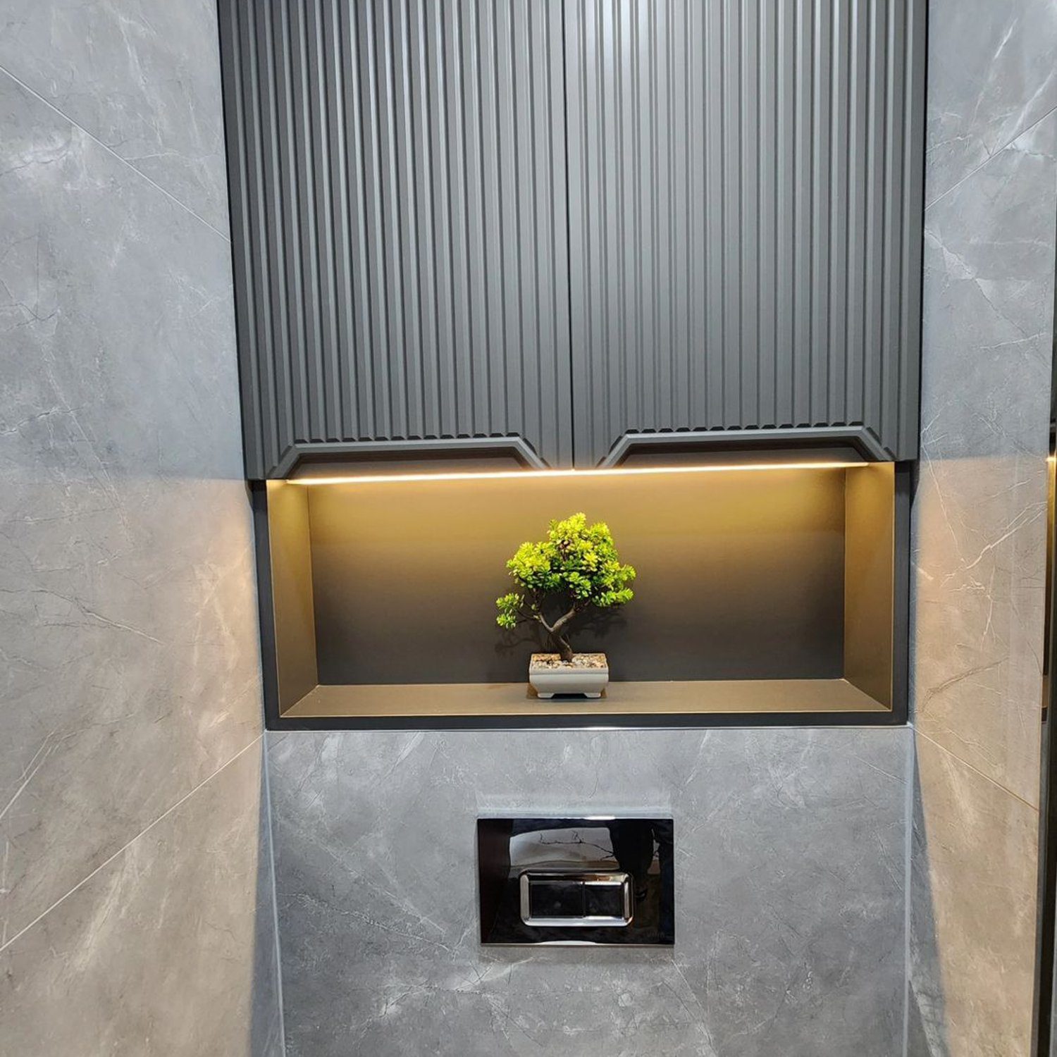 A modern bathroom niche featuring a small green plant