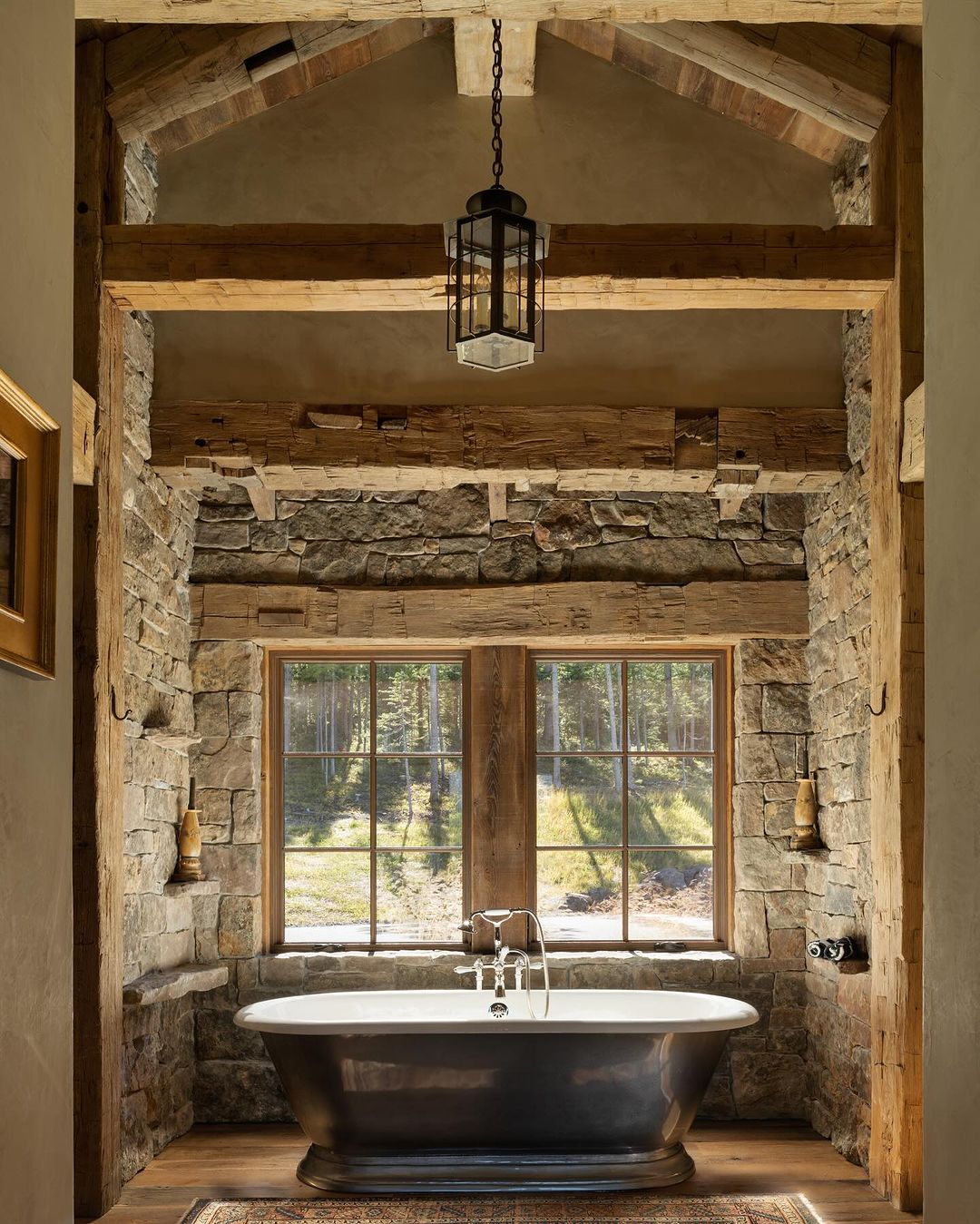 A serene bathroom blending rustic charm with modern elegance