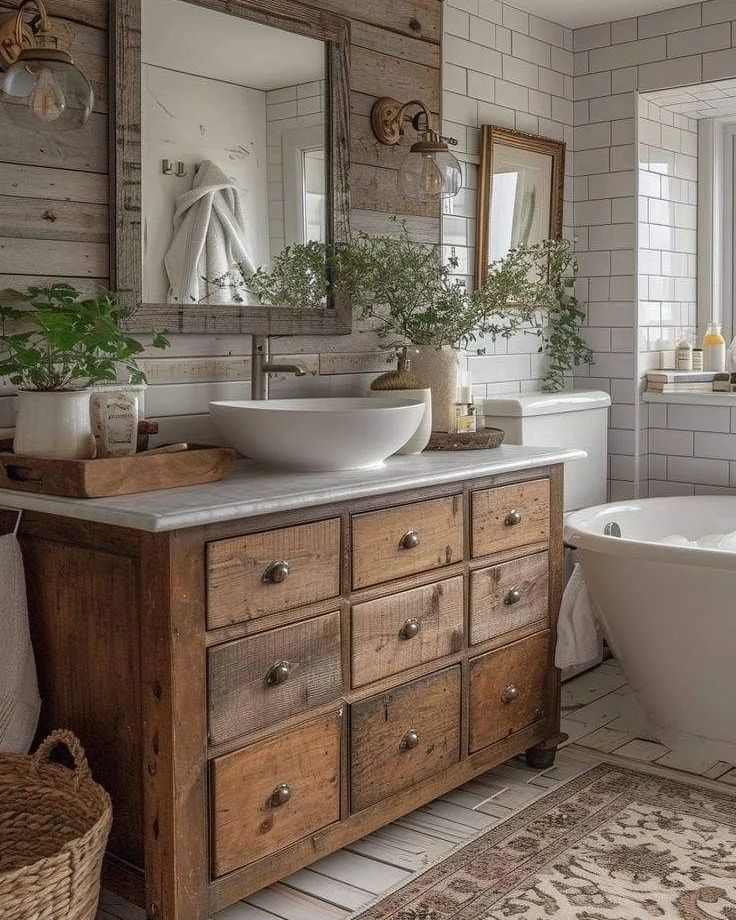 A rustic yet modern bathroom featuring wood accents and clean lines