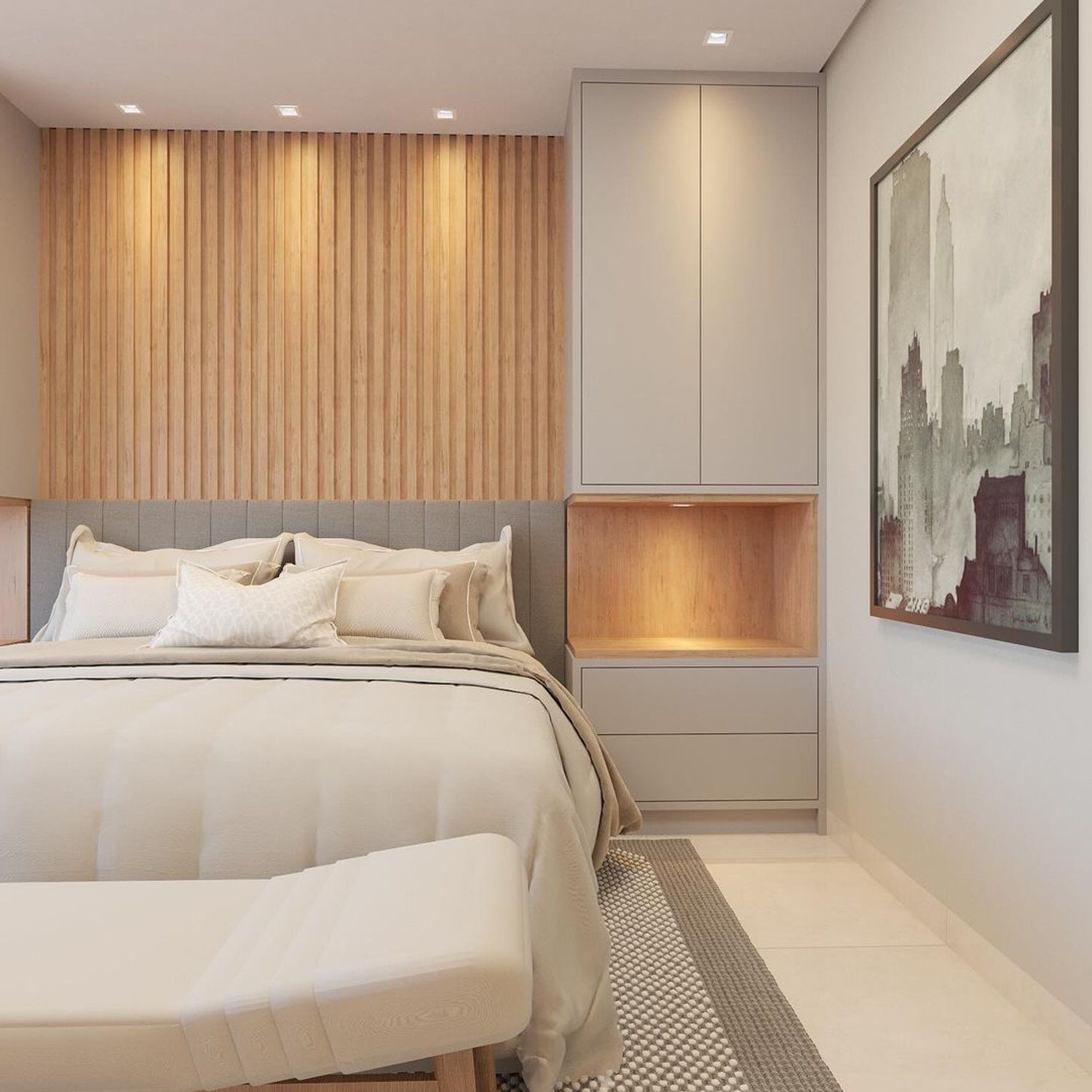 Contemporary and cozy bedroom design with wooden accents.