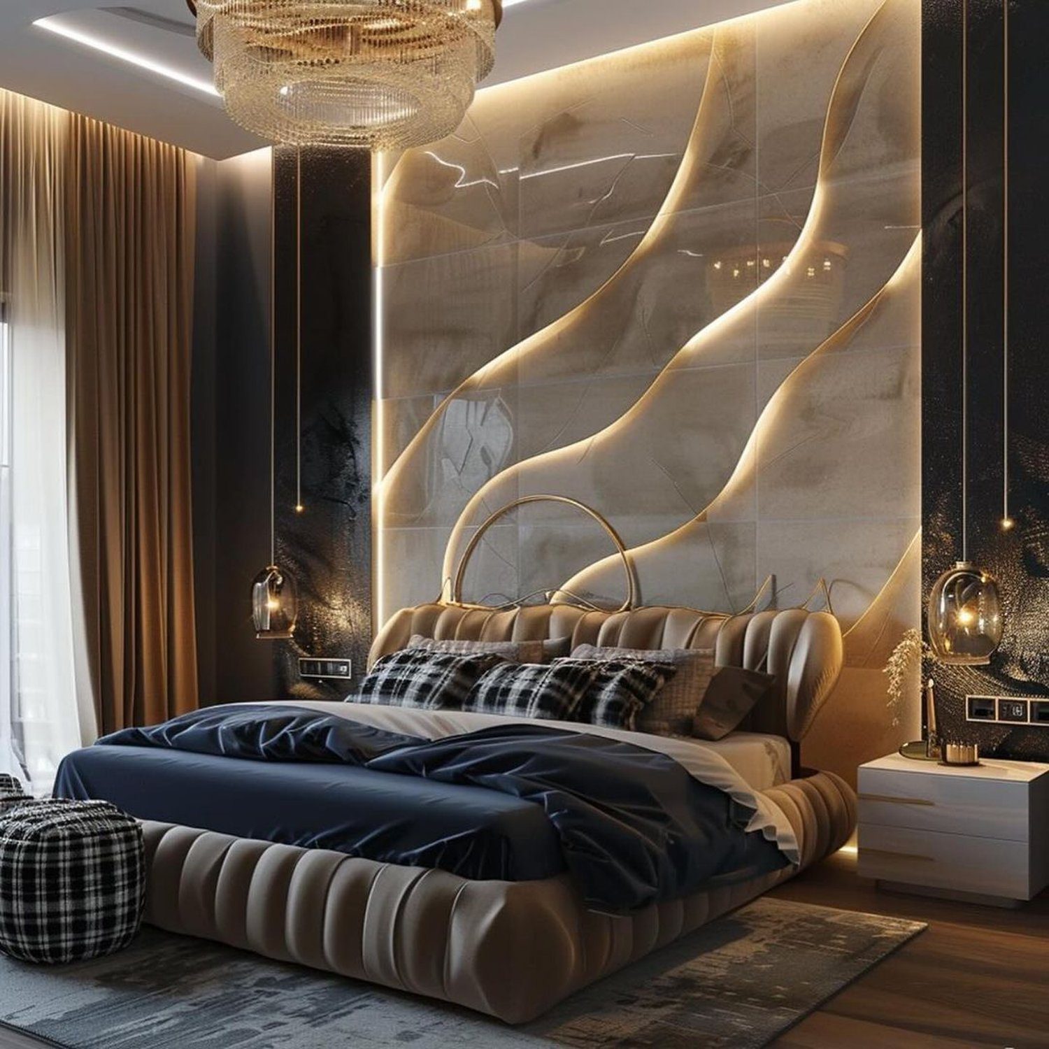 Luxurious modern bedroom with sophisticated lighting