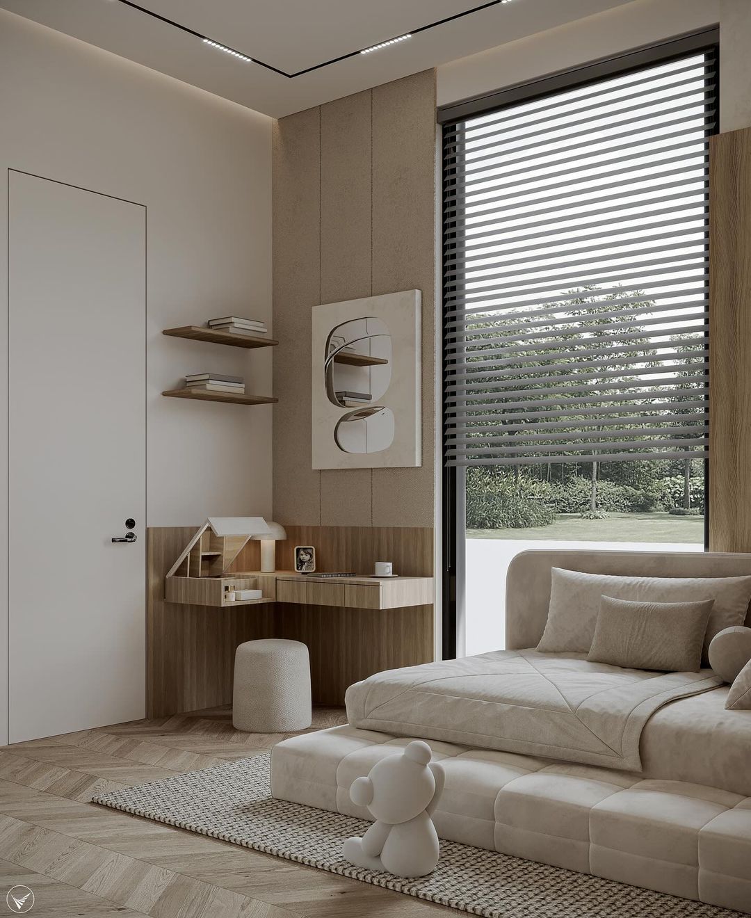 Modern, minimalist bedroom design with a focus on natural materials and functionality.