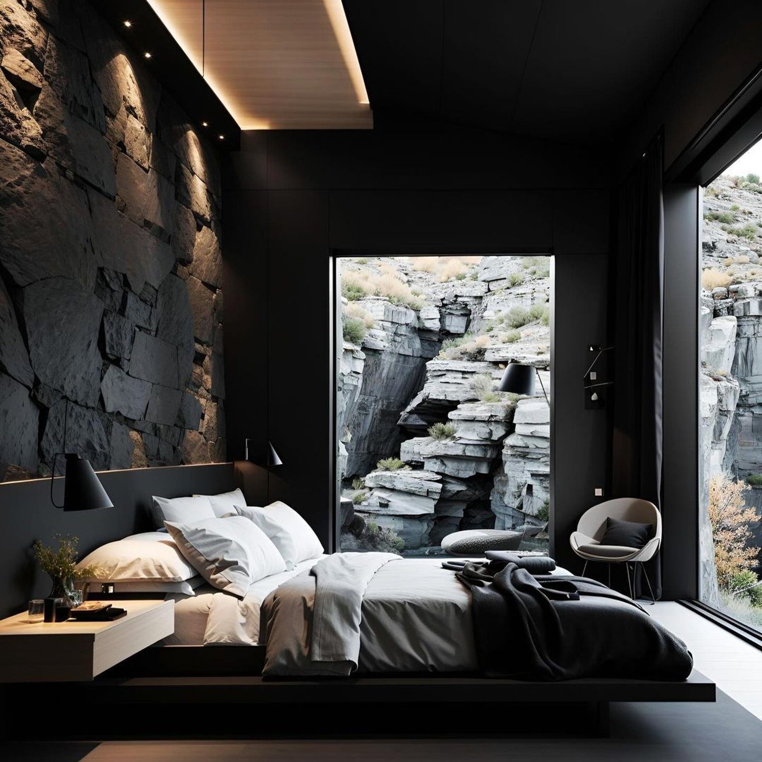 A modern and stylish bedroom nestled within rocky terrain