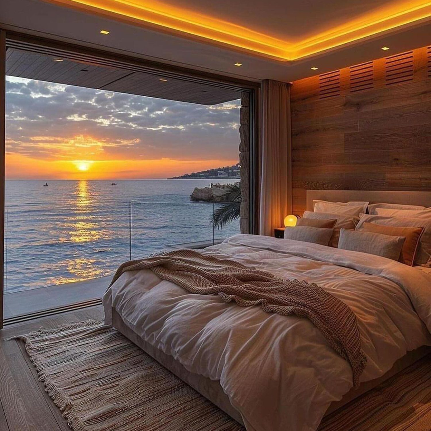 A serene bedroom with an expansive ocean view at sunset