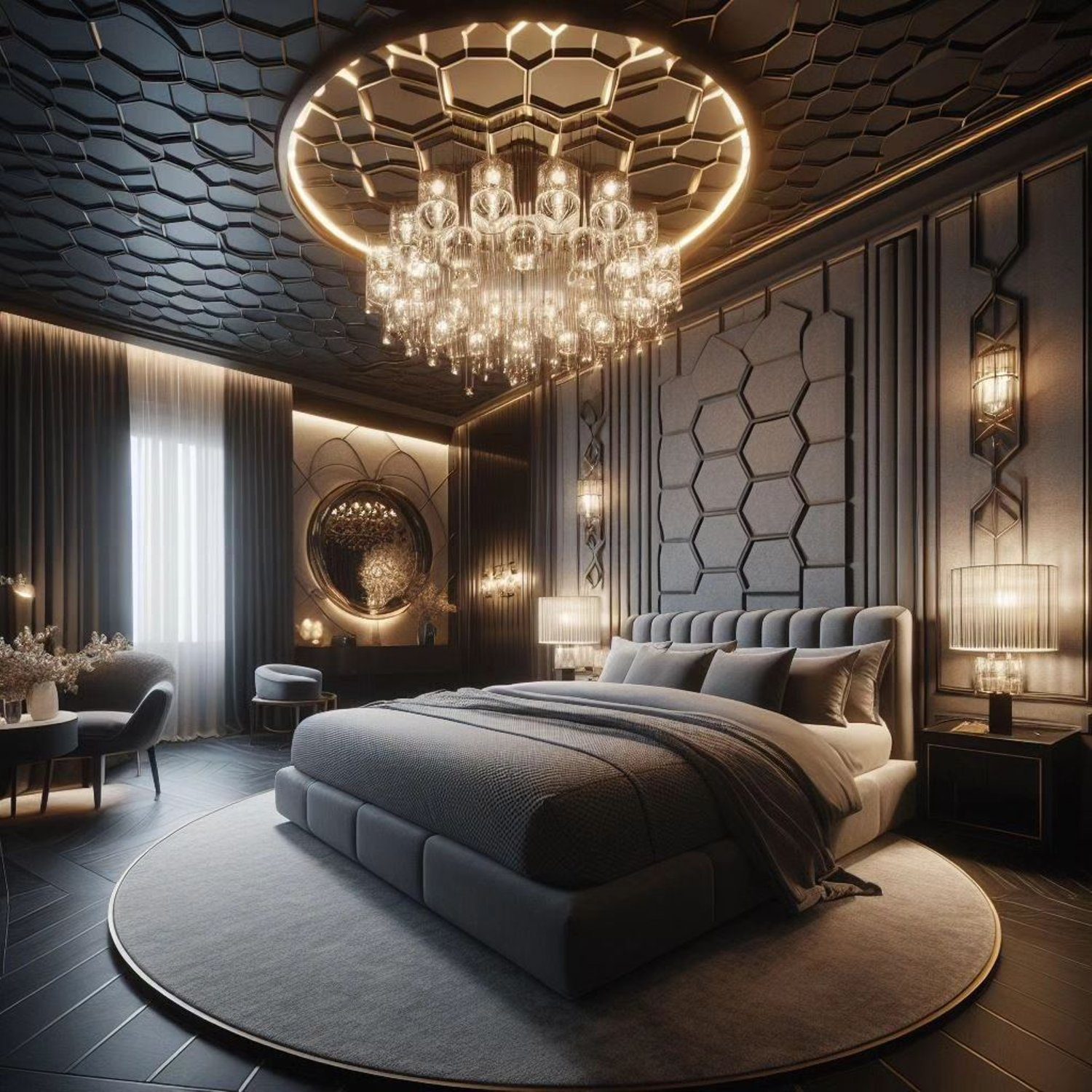 Luxurious dark-themed bedroom with elegant detailing