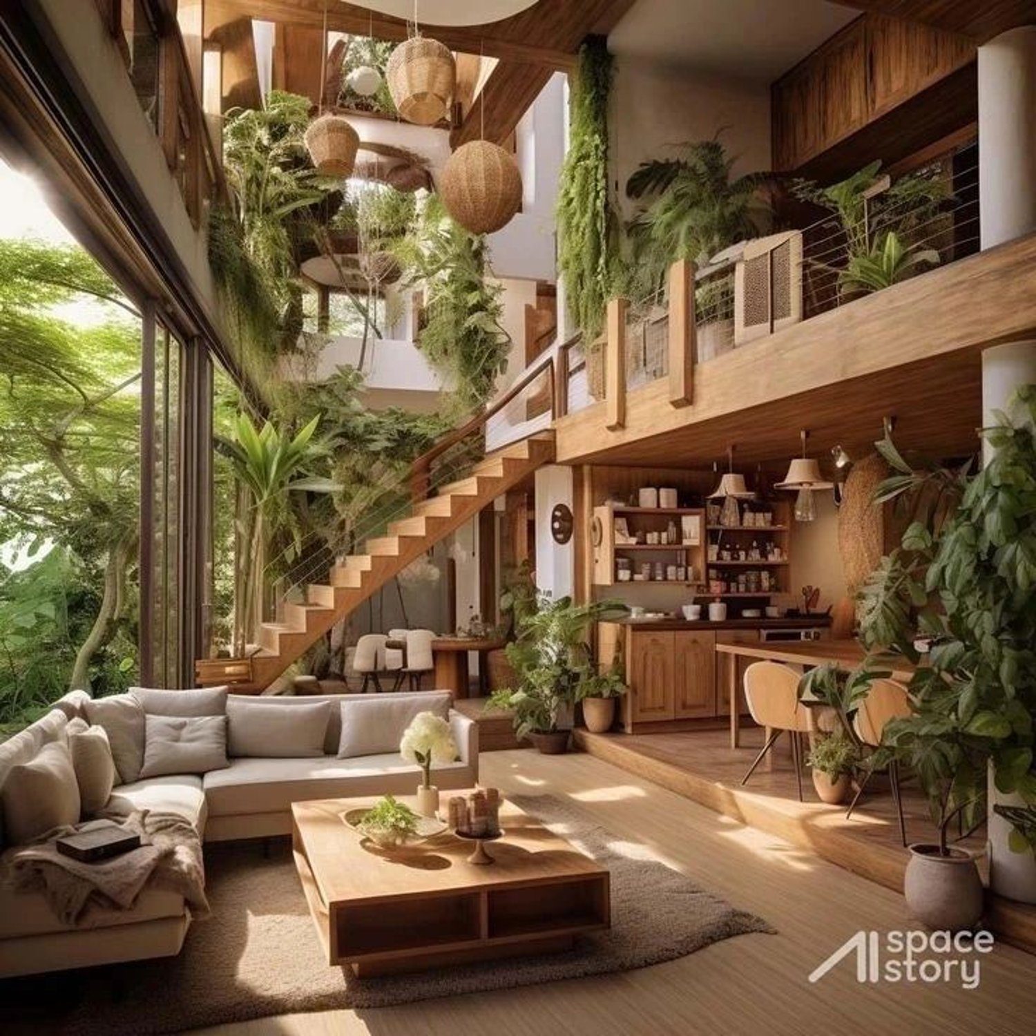 A lush interior living room with cascading indoor plants and wooden design elements.