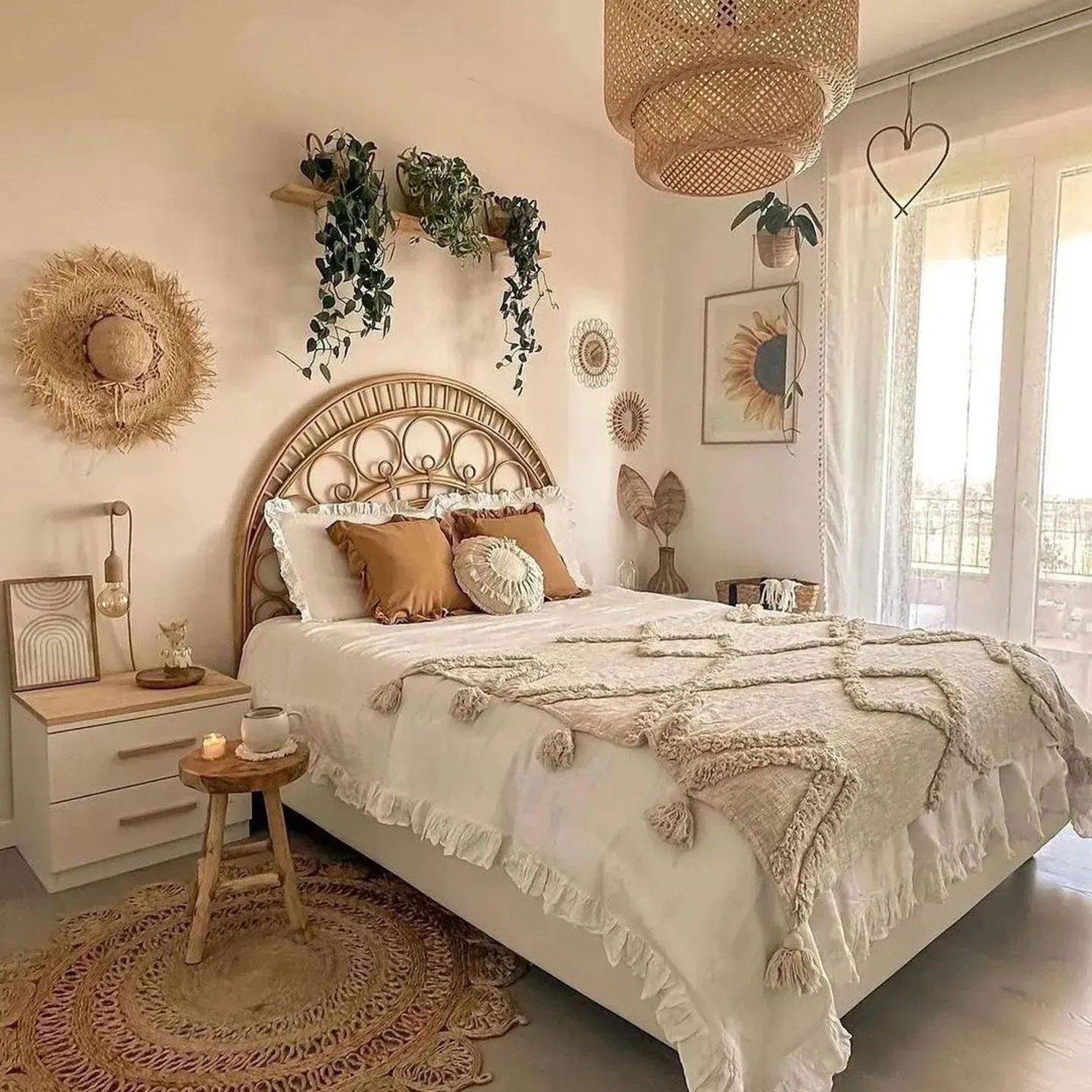 Bohemian-style bedroom with natural decor elements