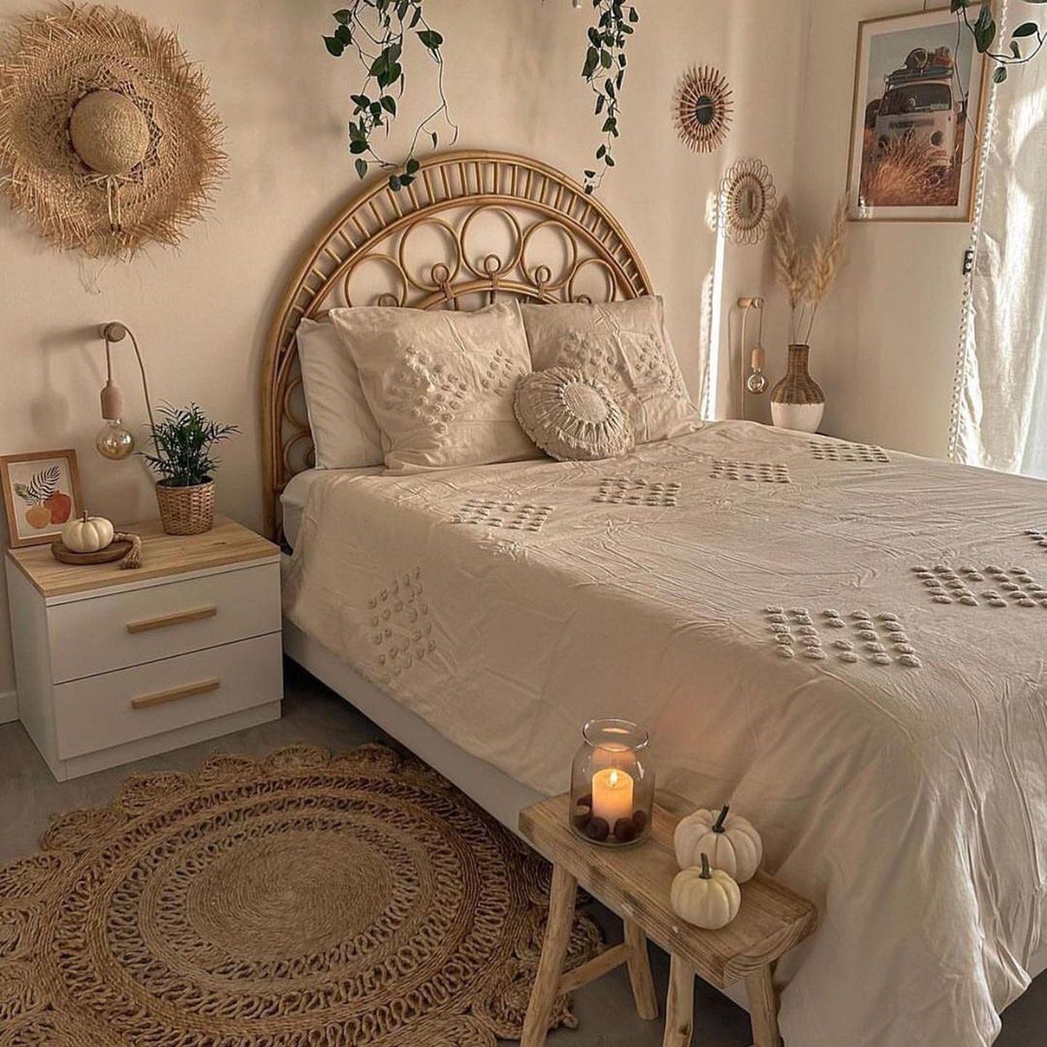 Bohemian style bedroom with warm neutral tones