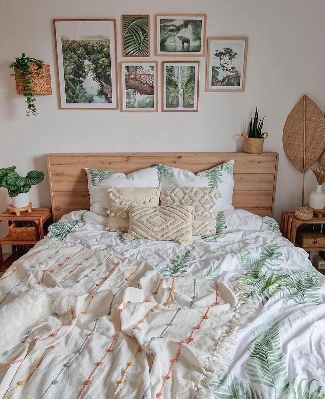 A tastefully decorated bedroom with a botanical theme