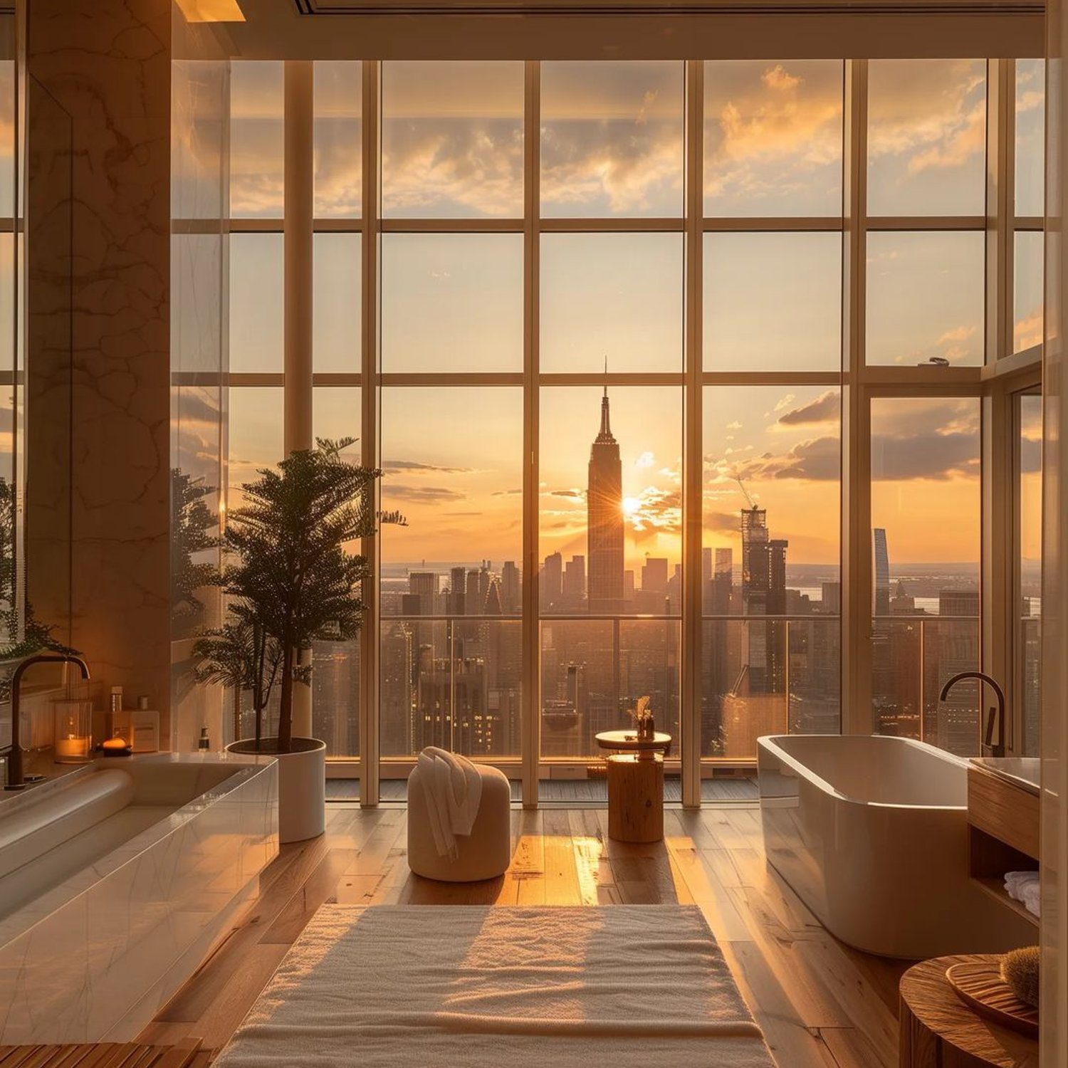 Luxurious high-rise bathroom with a breathtaking view of the skyline