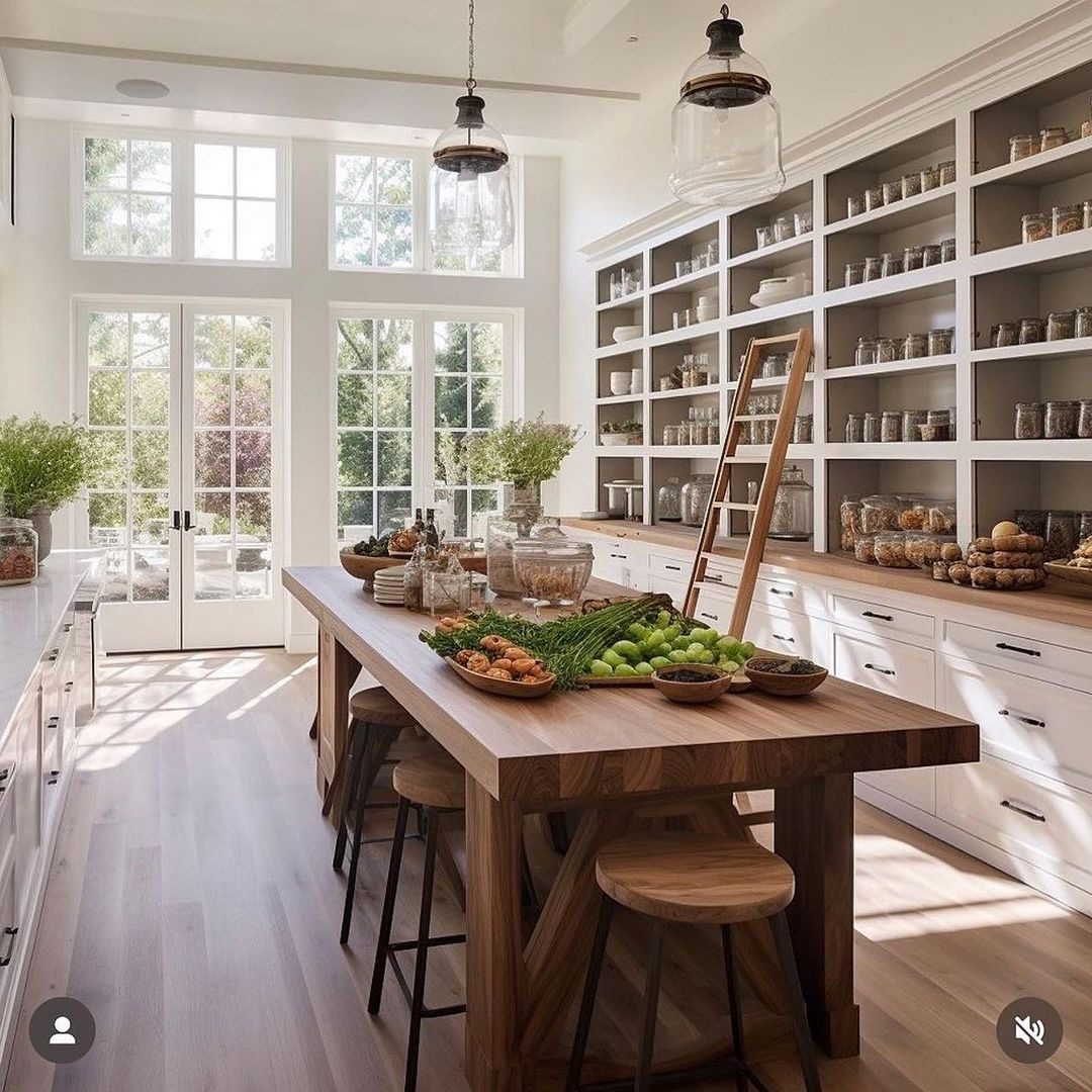 A spacious, sunlit kitchen featuring white shaker-style cabinetry and open shelving, with a central wooden island and industrial-style pendant lighting.