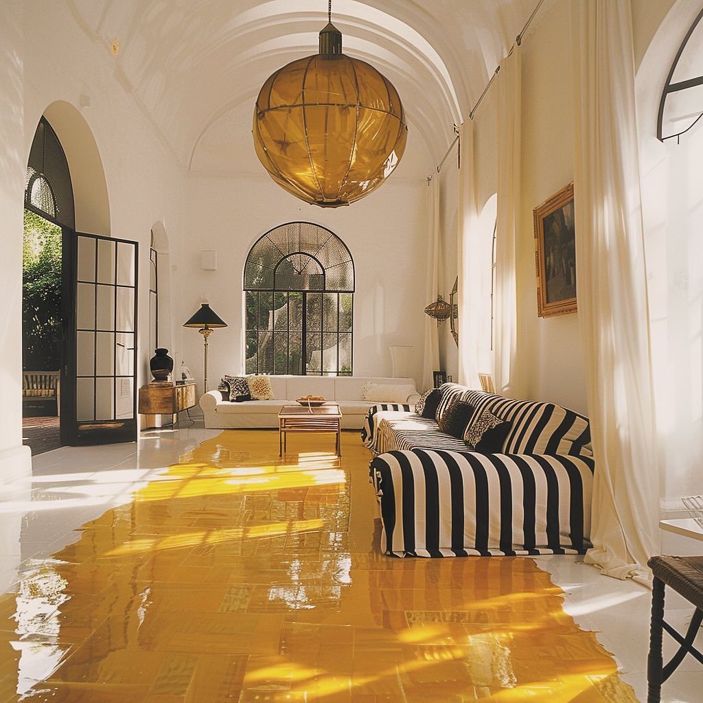 A bright and spacious living room with an amber glow