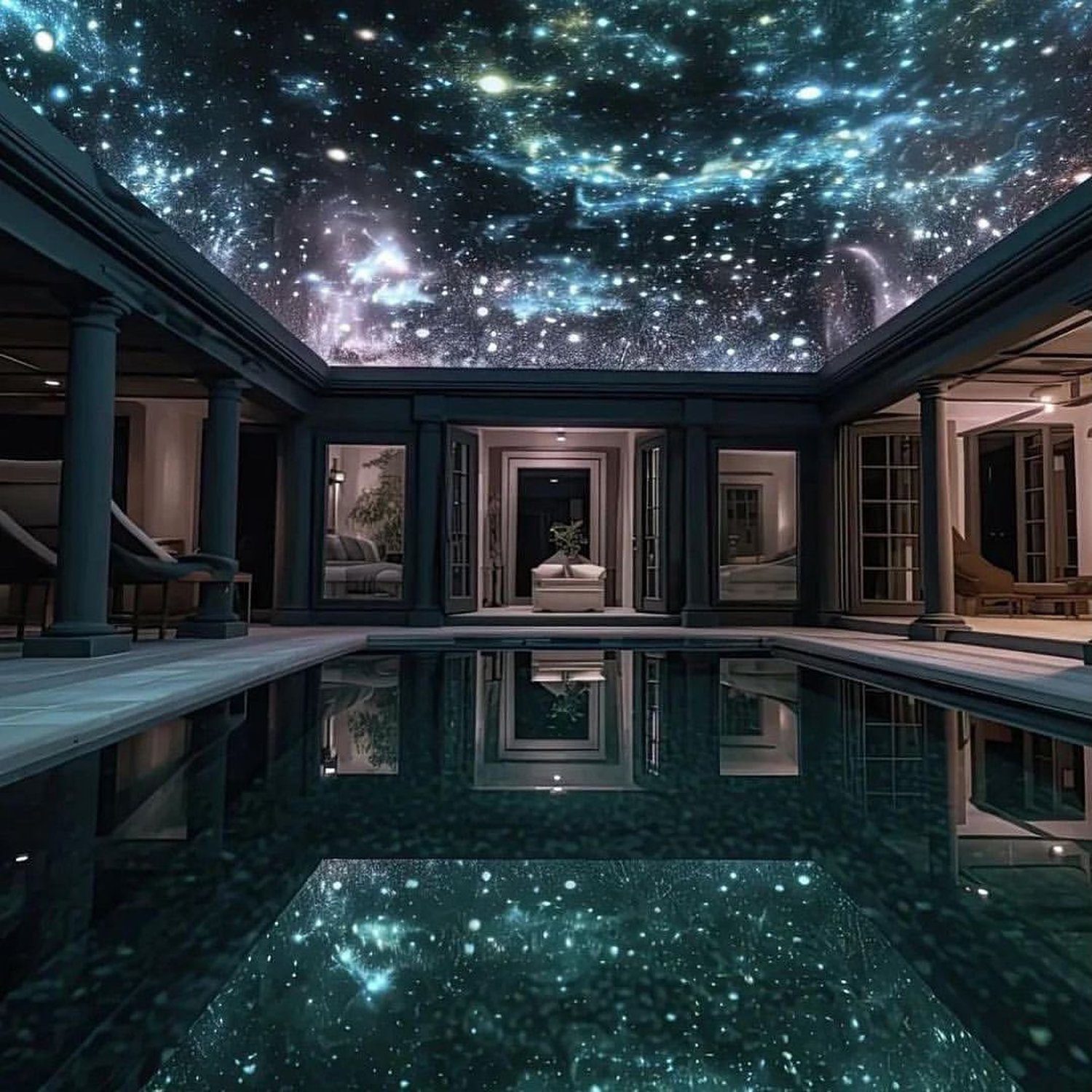 An ethereal indoor pool with a cosmic ceiling