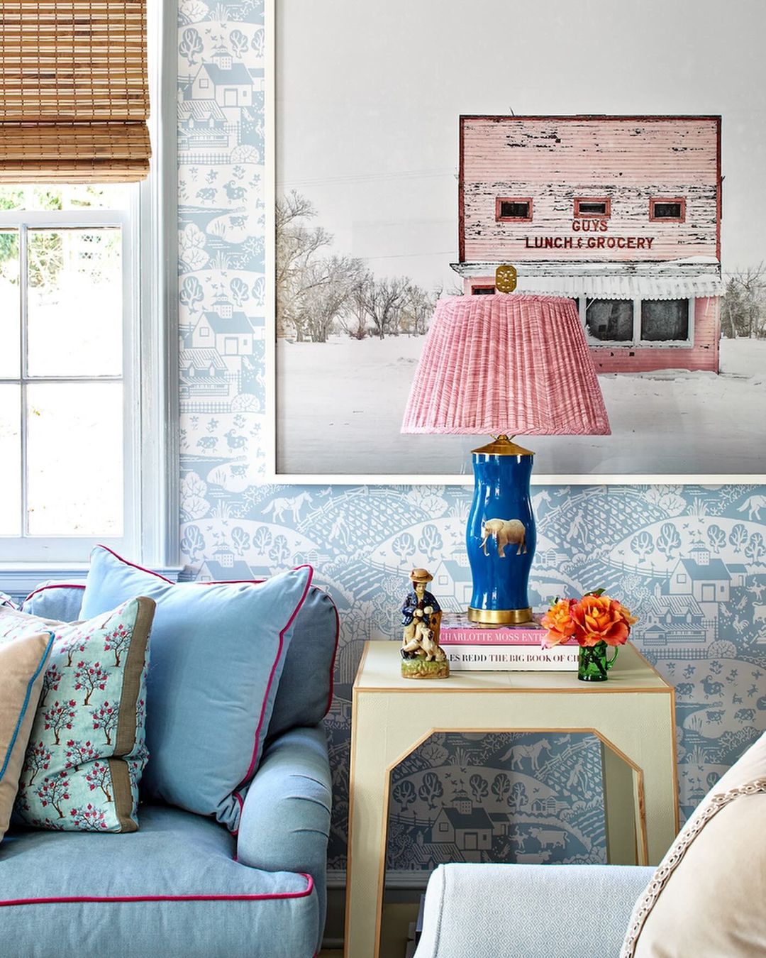 A quaint living room corner featuring a mix of modern and vintage elements