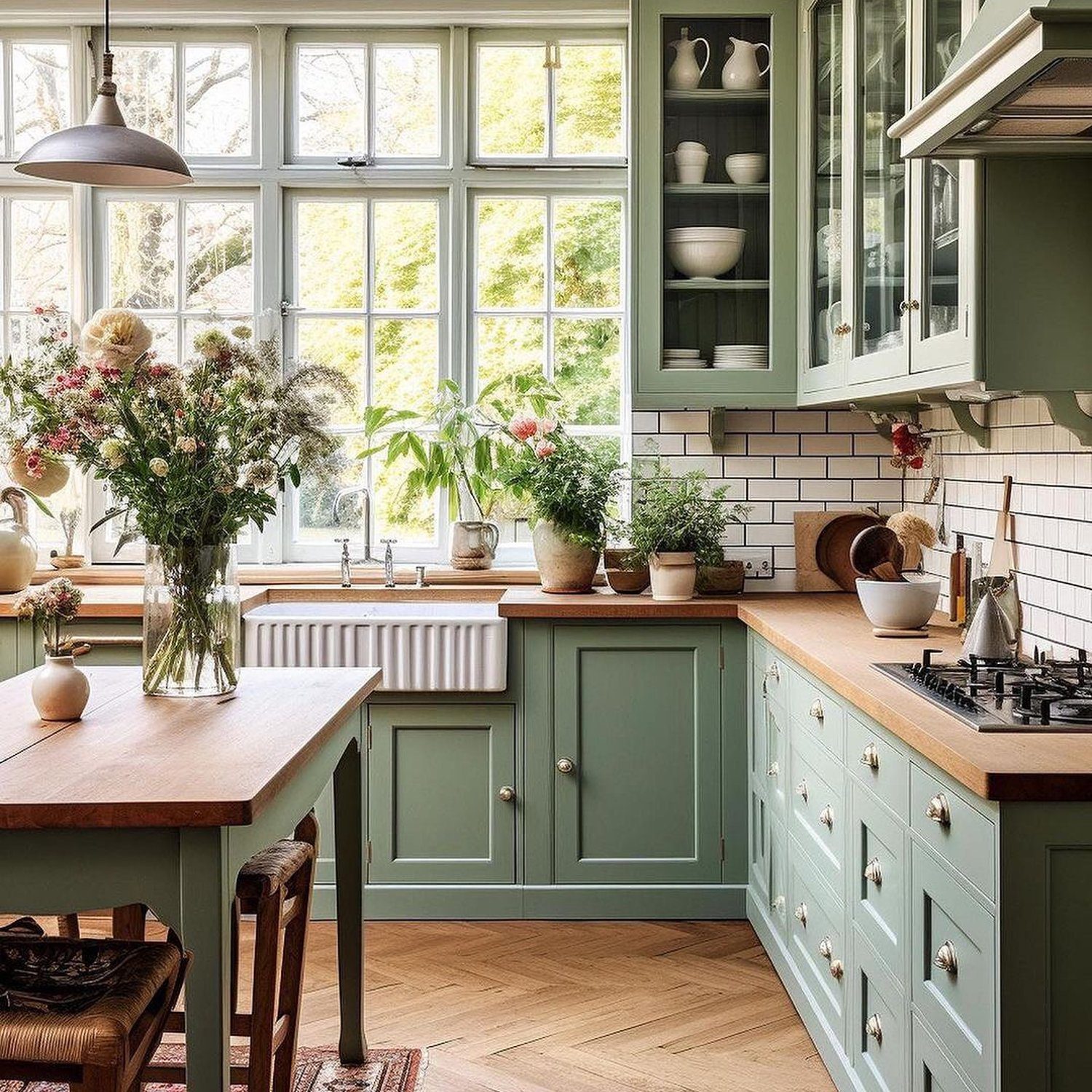 A serene kitchen space with sage green cabinetry and herringbone wooden floors