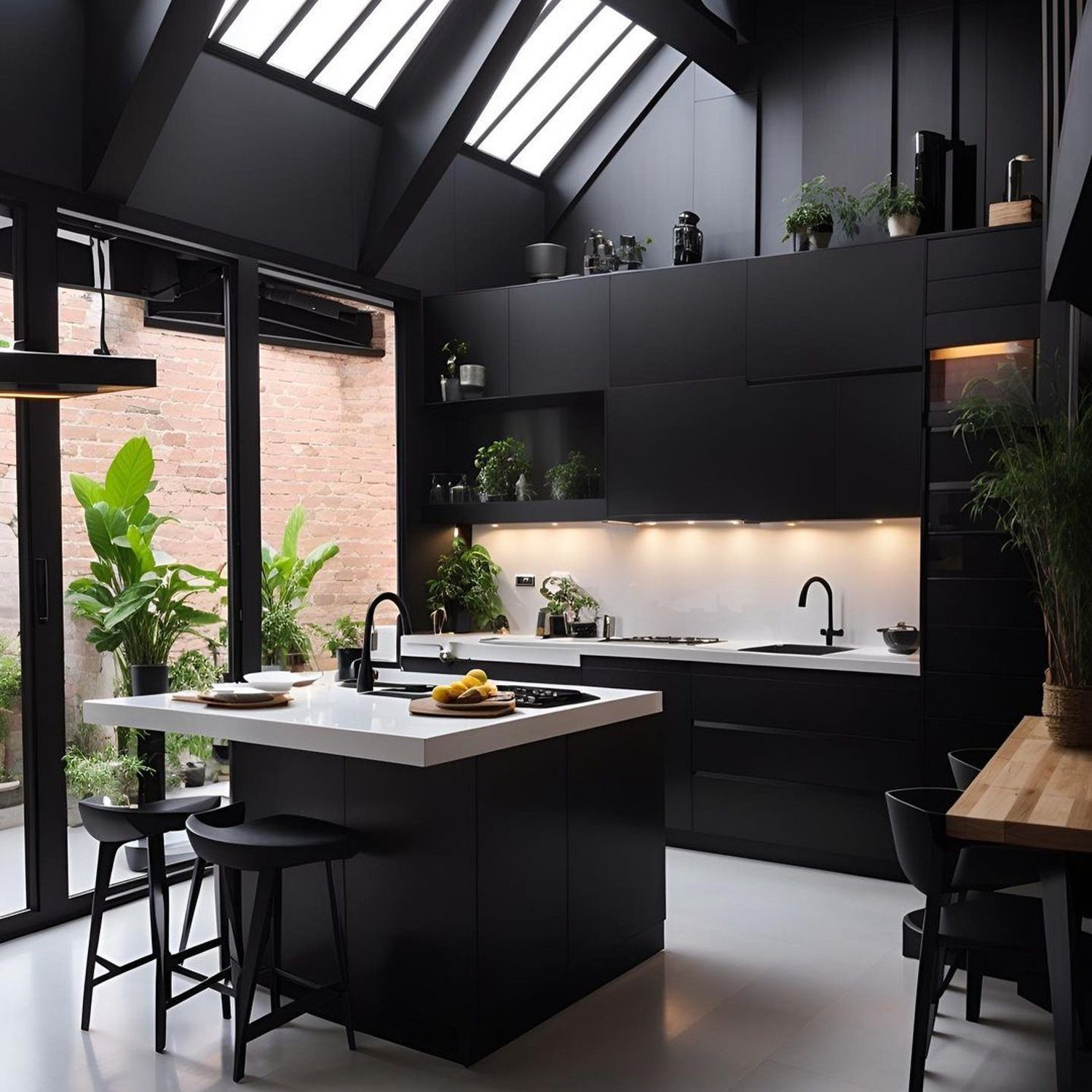 Sleek and Modern Black Kitchen with Skylight