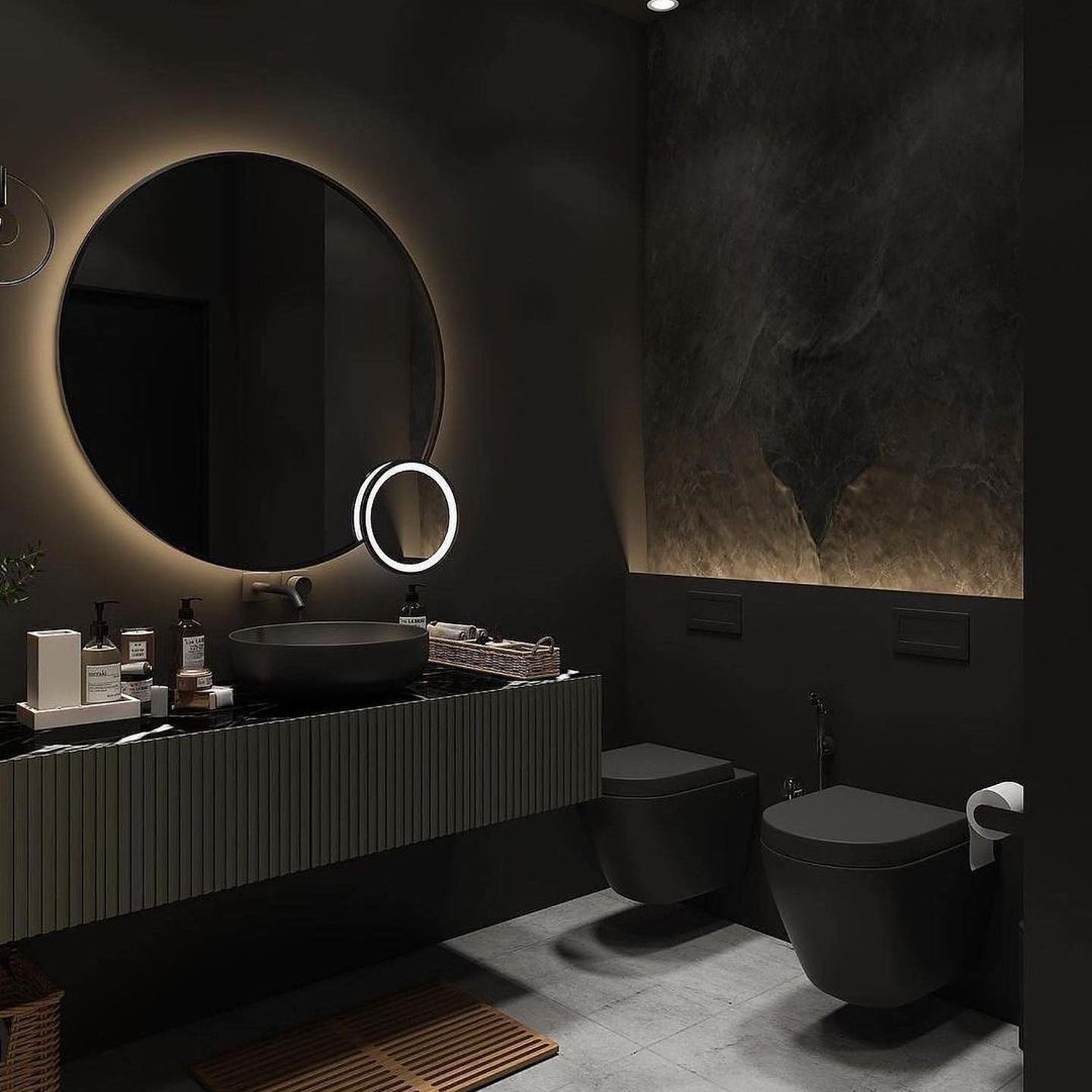 A sophisticated and modern bathroom featuring monochromatic design elements