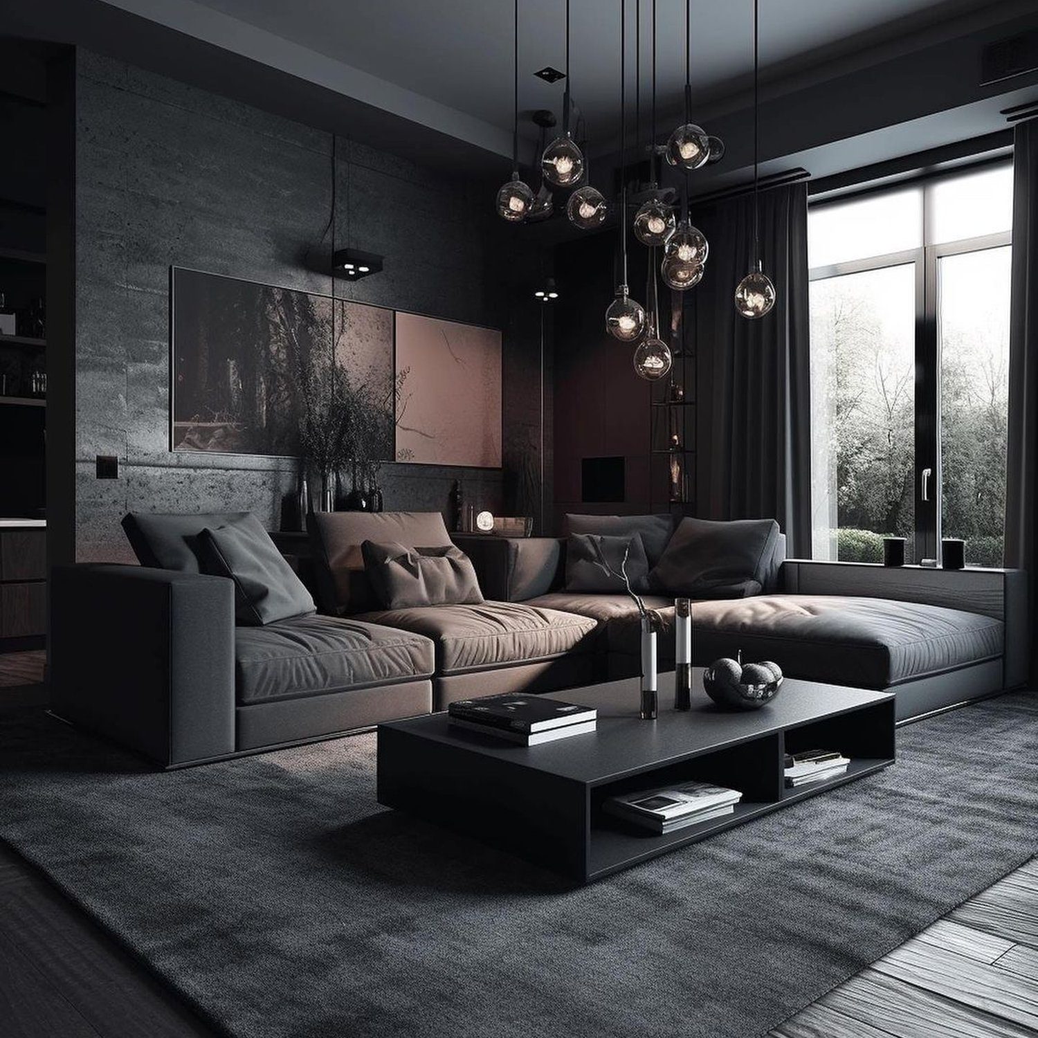 Chic and moody living room with dark tones