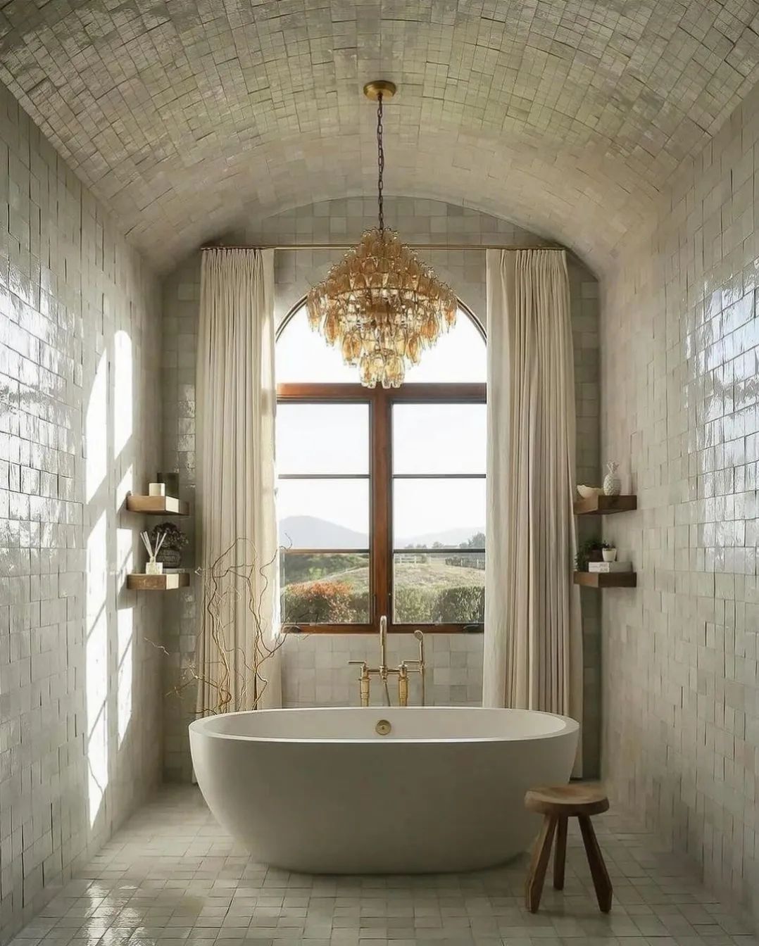 A serene bathroom with arched ceiling and scenic view