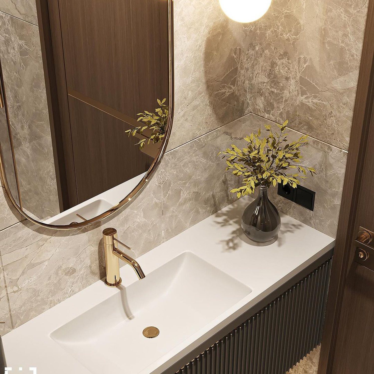 Elegant marble-themed bathroom with a touch of nature