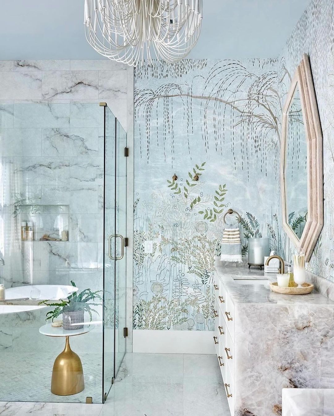 Stylish pastel-toned bathroom with botanical wall fresco