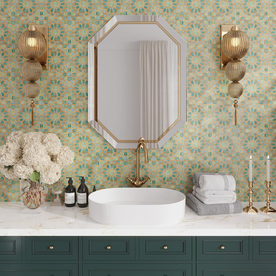 A vibrant bathroom featuring a floral patterned wallpaper