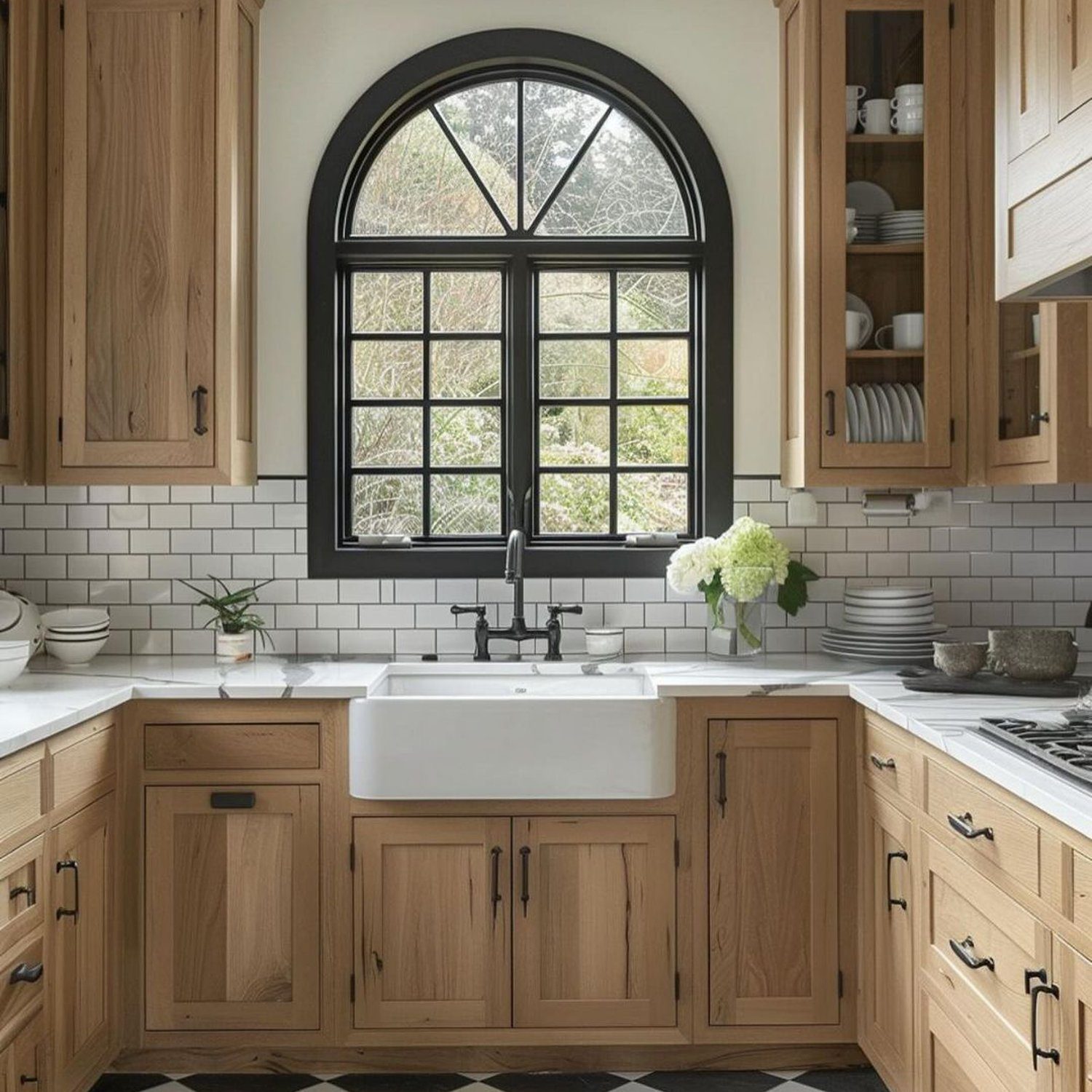 A chic farmhouse-style kitchen featuring a black-framed arched window, natural wood cabinets, subway tiles, and a checkered floor.