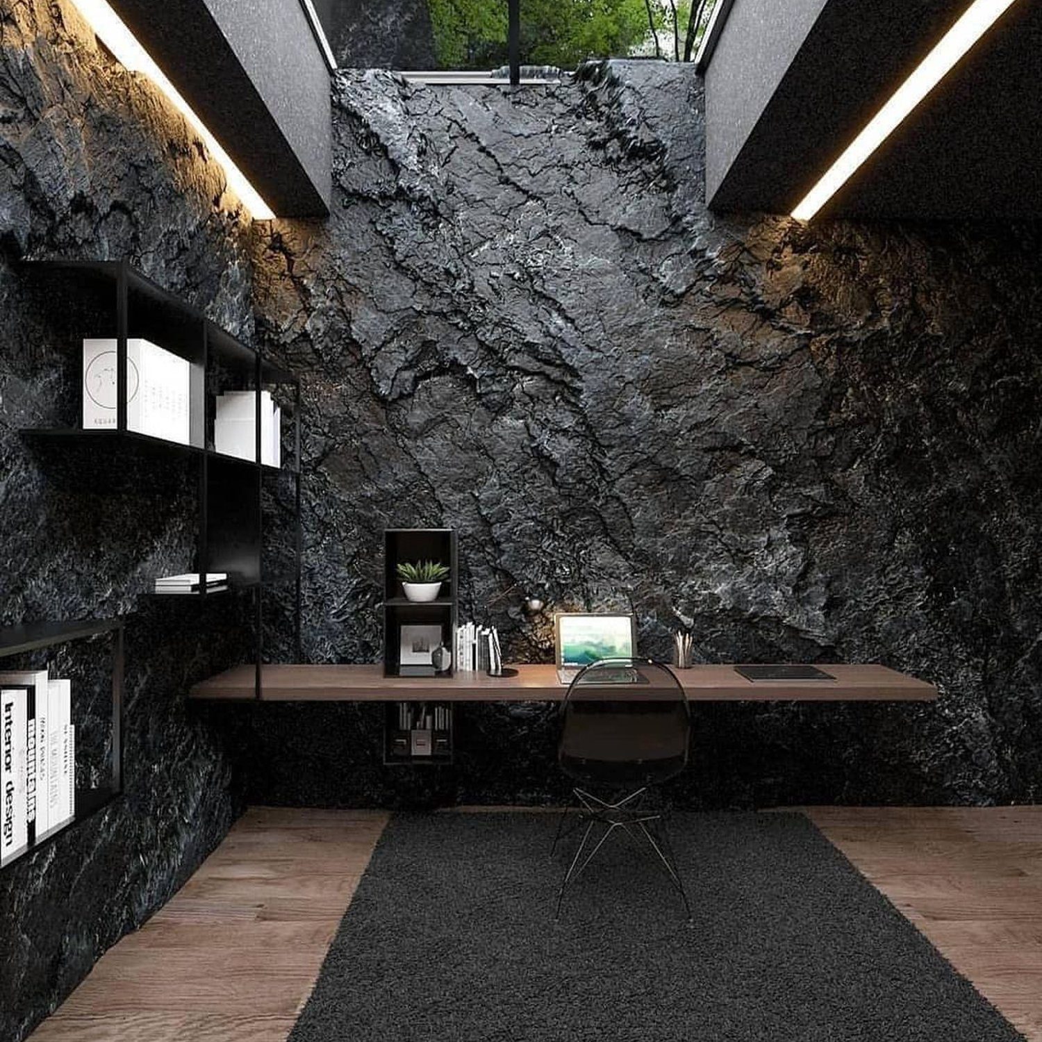 Chic Office Nook Set Against Natural Rock