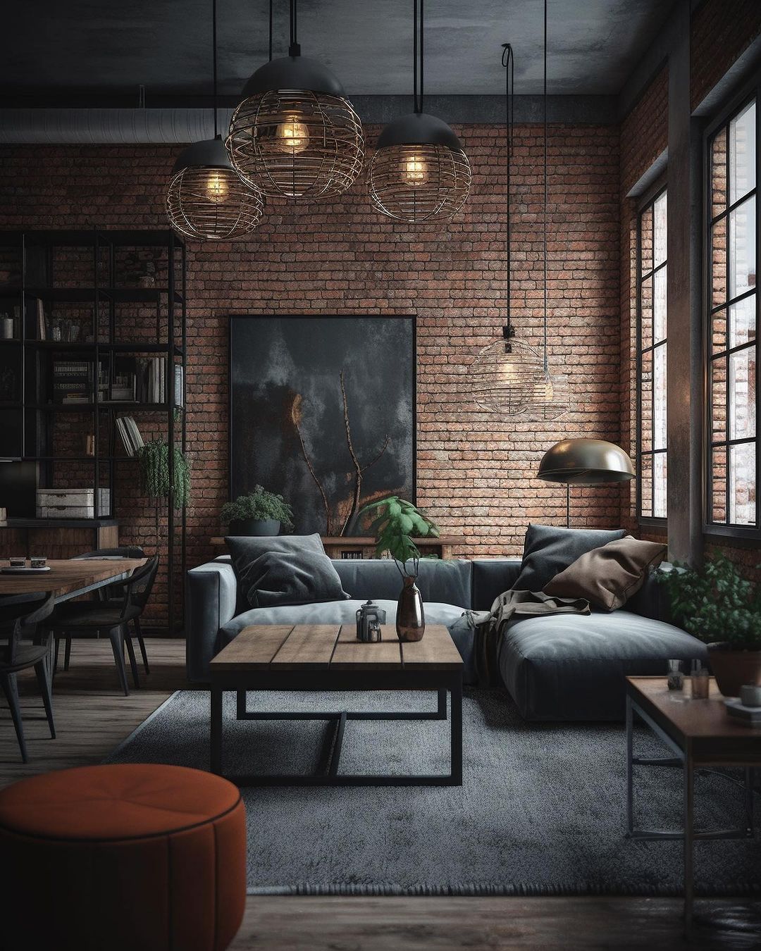 Chic industrial living room with exposed brick walls