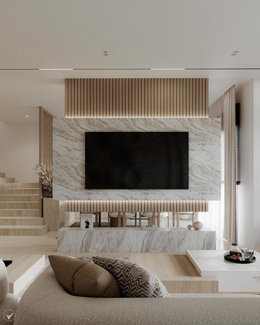 A chic living room with wood and marble accents