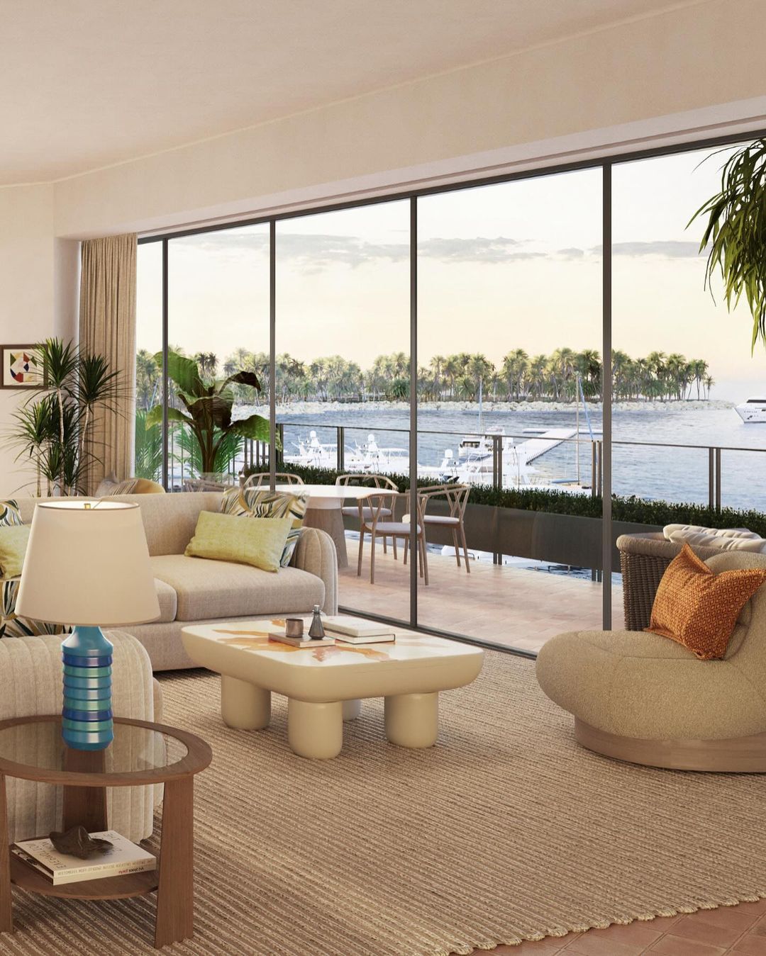 A chic living room overlooking a marina